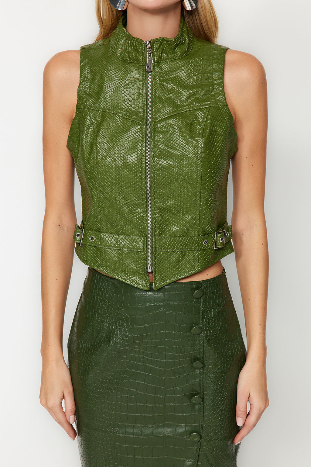 Limited Edition Haki Astarl? Timsah Desenli Crop Dokuma Yelek TWOAW22YE0083