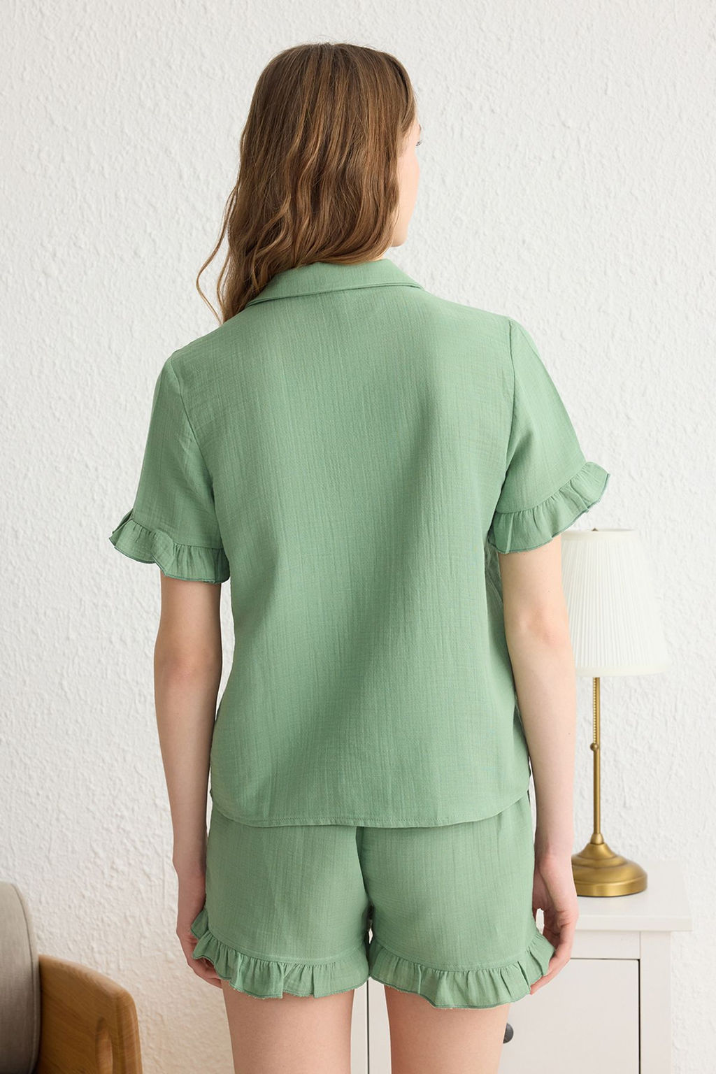 Trendyolmilla Yesil %100 Pamuklu F?rf?rl? Muslin Sortlu Dokuma Pijama Tak?m? THMSS25PT00034  фото 16