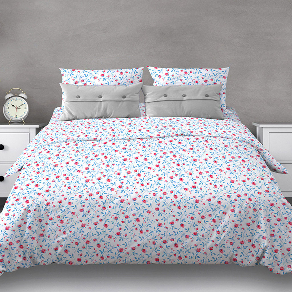 Постельное белье, комплект 1,5 спальный "Цветочная полянка, красный", 4 предмета: пододеяльник 145х215см, простыня классическая цвет красный 150х215см, 2 наволочки 70х70см с клапаном-запахом, бязь 121г/м2, хлопок 100%, упаковка "Классическая" ПВХ 32х
