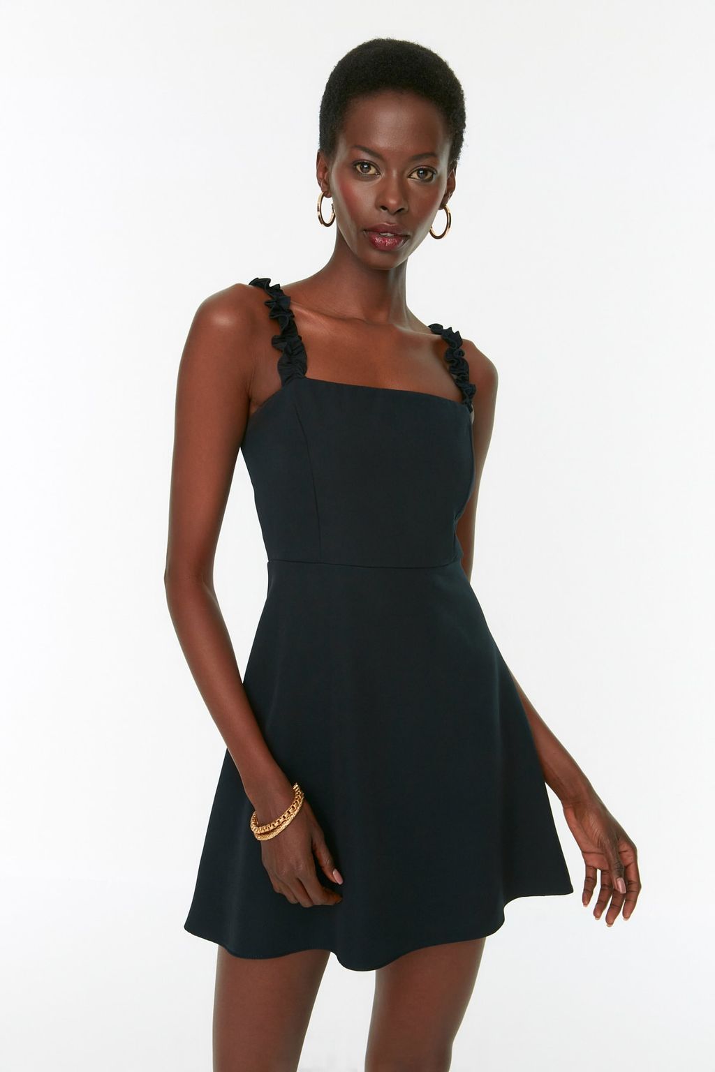 Siyah A Kesim Kare Yaka Ask? Detayl? Mini Dokuma Elbise TWOSS22EL2175