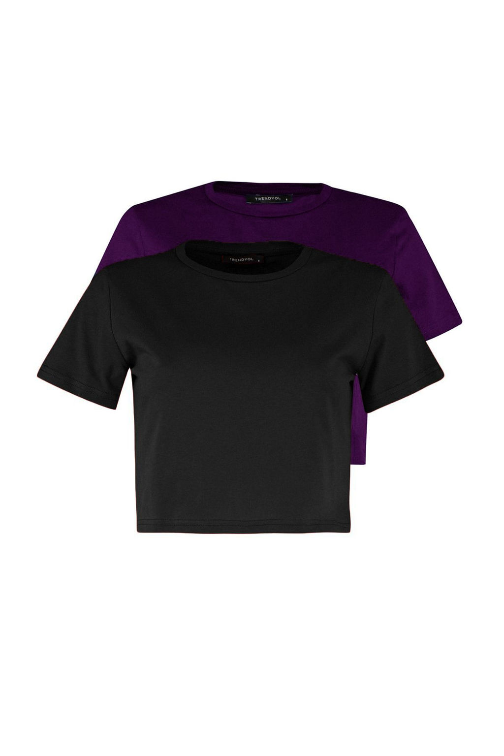 Mor-Antrasit 2li Paket %100 Pamuk Crop Bisiklet Yaka Orme T-Shirt TWOSS20TS1480