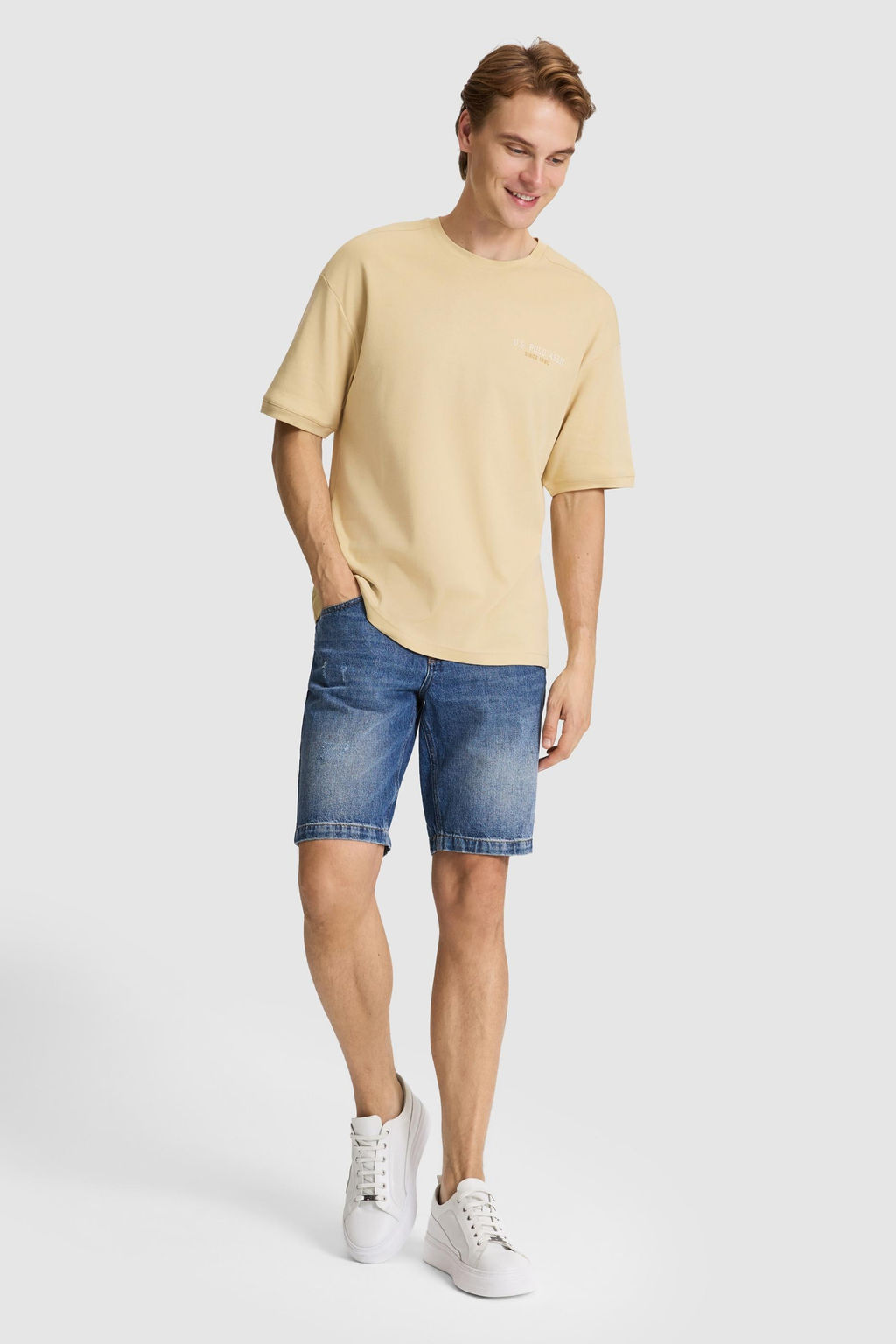 Erkek Bej Comfort Fit Bisiklet Yaka Ti__rt