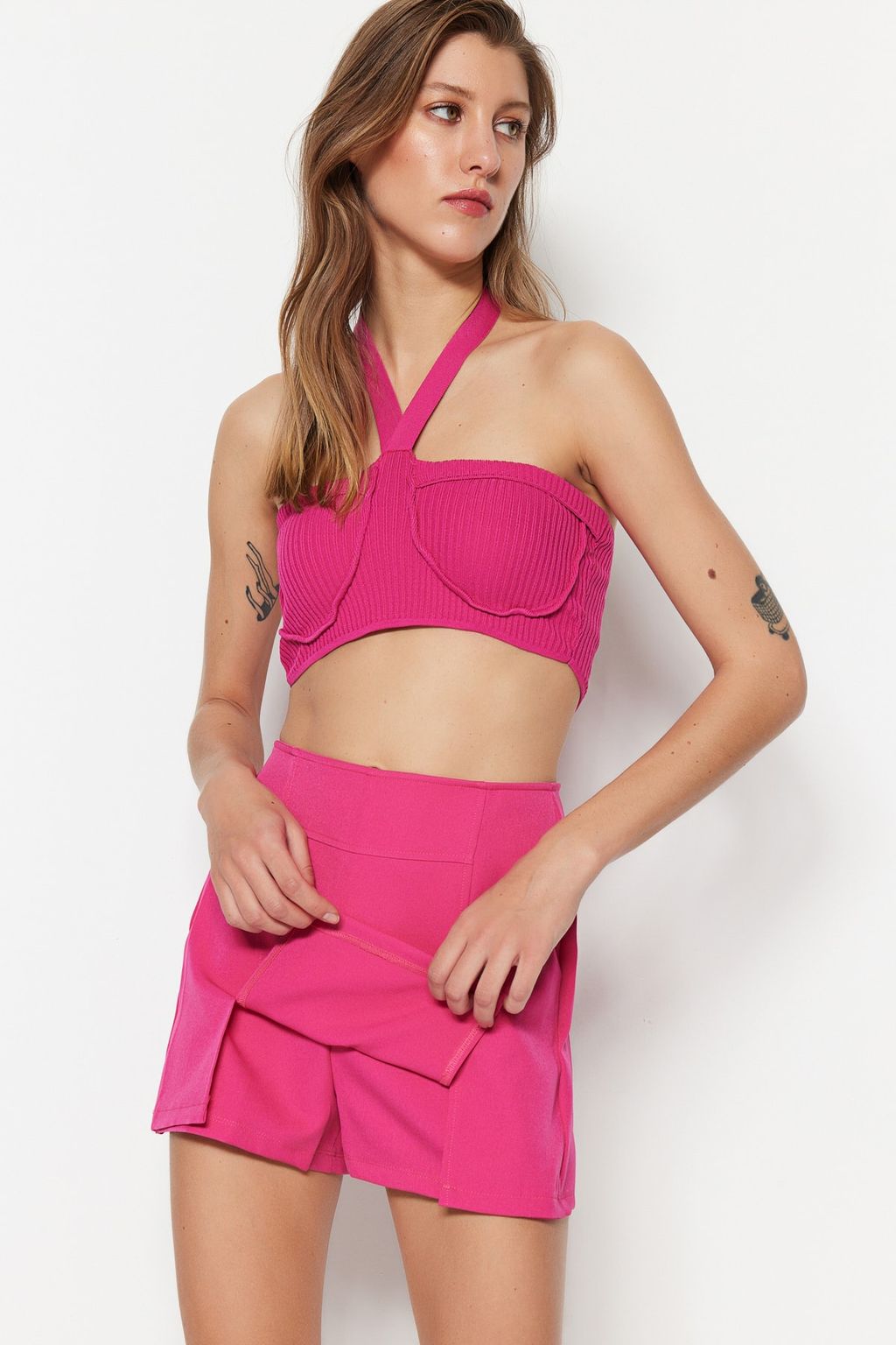 TRENDYOLMILLA Lacivert Cift Y?rtmacl? Super Mini Dokuma Sort Etek TWOSS20SR0364 фото 3