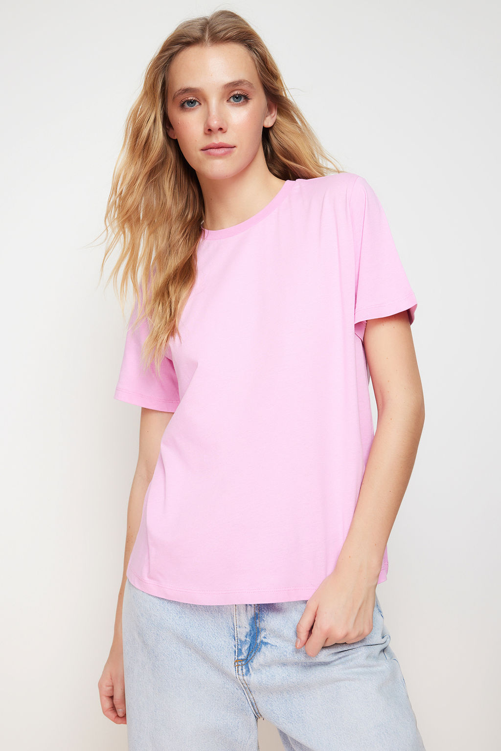 Pembe %100 Pamuk Basic Bisiklet Yaka Orme T-Shirt TWOSS23TS00000