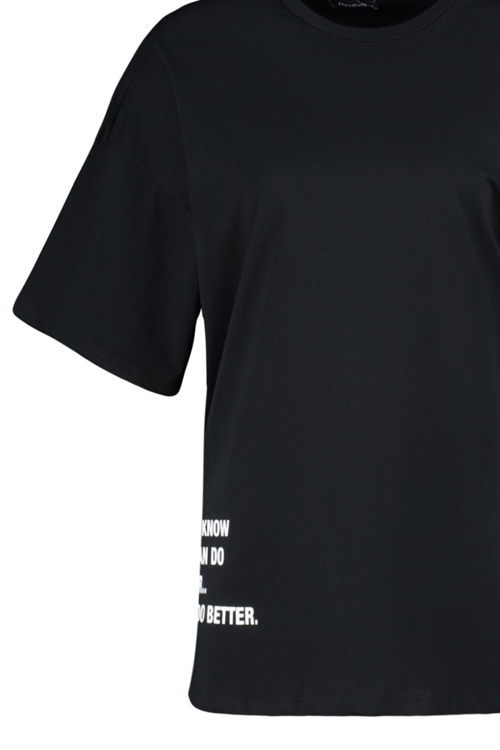 TRENDYOLMILLA Siyah %100 Pamuk Slogan Bask?l? Oversize/Genis Kal?p Bisiklet Yaka Orme T-Shirt TWOSS23TS00183 фото 13