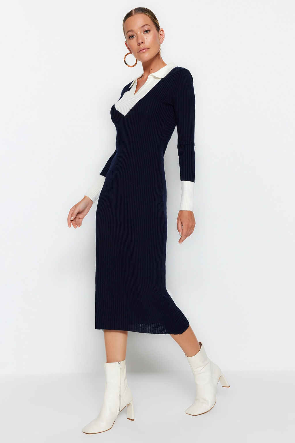 Lacivert Midi Triko Renk Bloklu Elbise TWOAW23EL00024