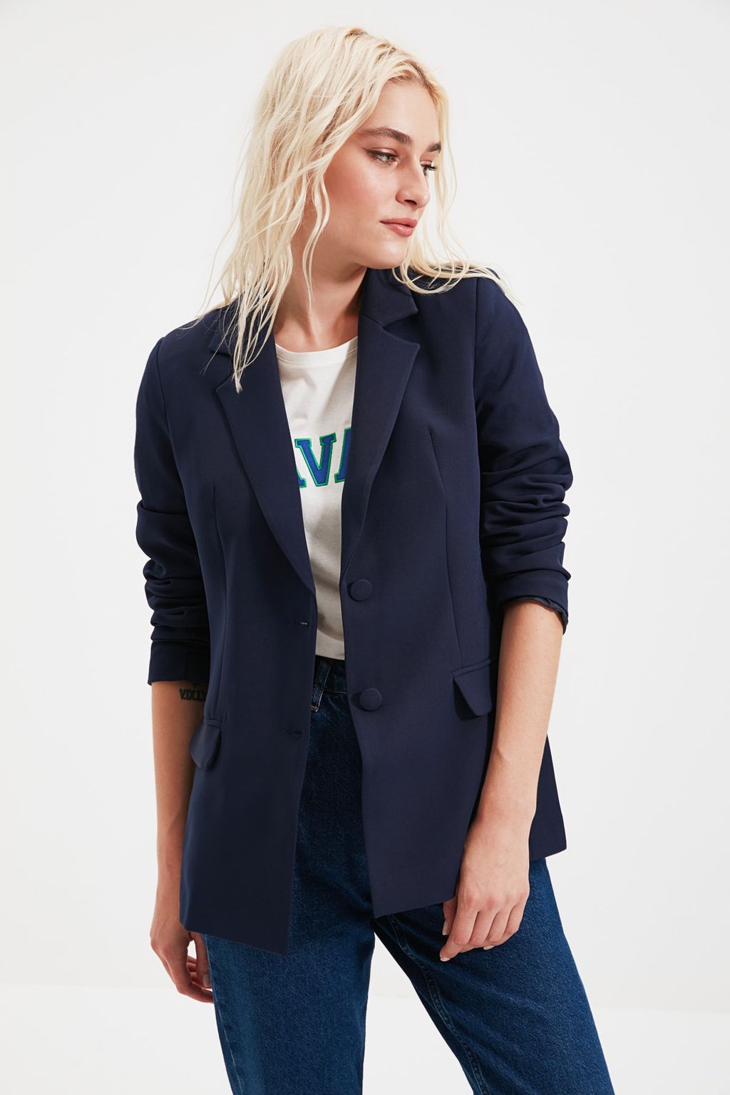 TRENDYOLMILLA Lacivert Regular Astarl? Dokuma Blazer Ceket TWOSS20CE0126  фото 2