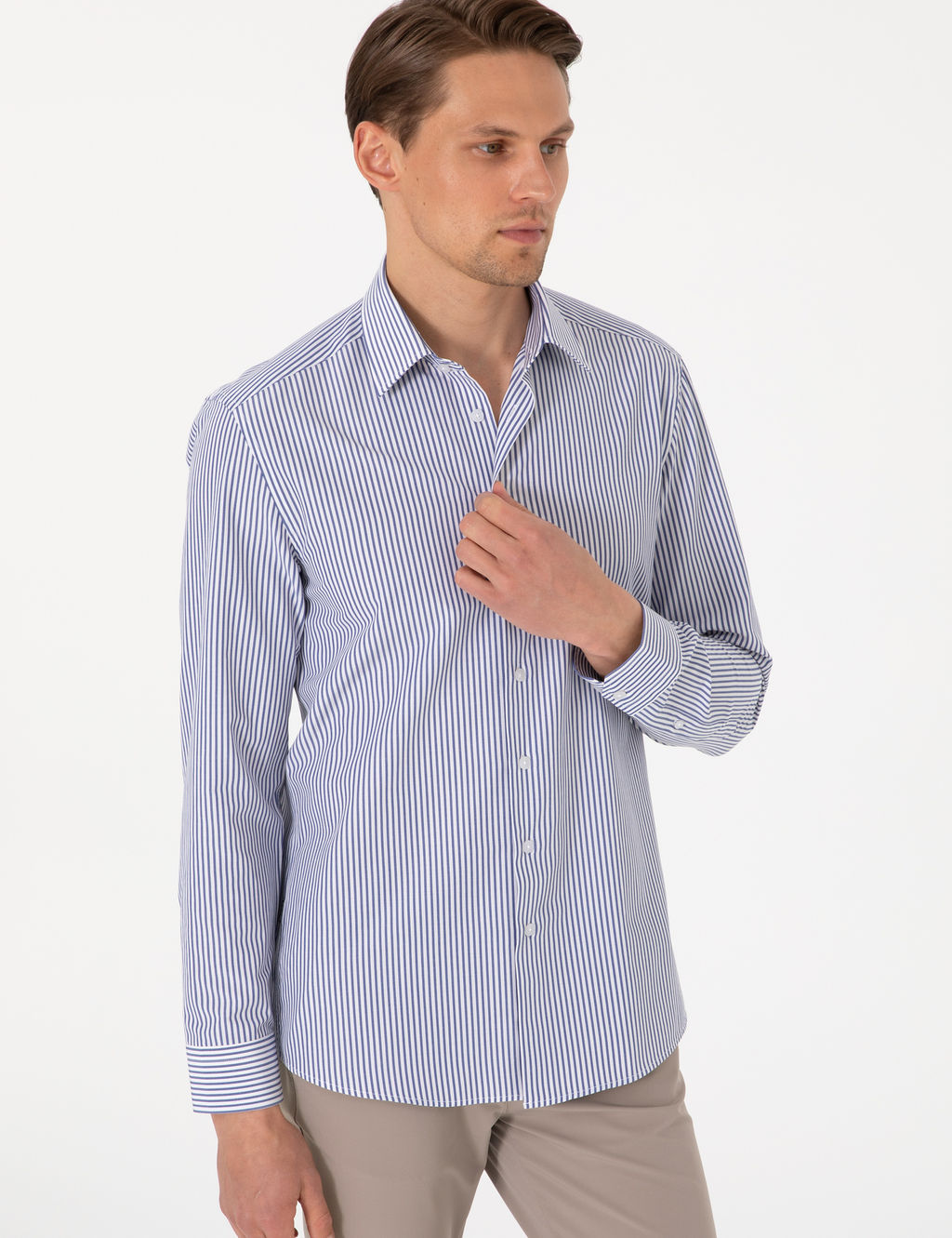 Mavi Slim Fit _izgili Uzun Kollu G_mlek