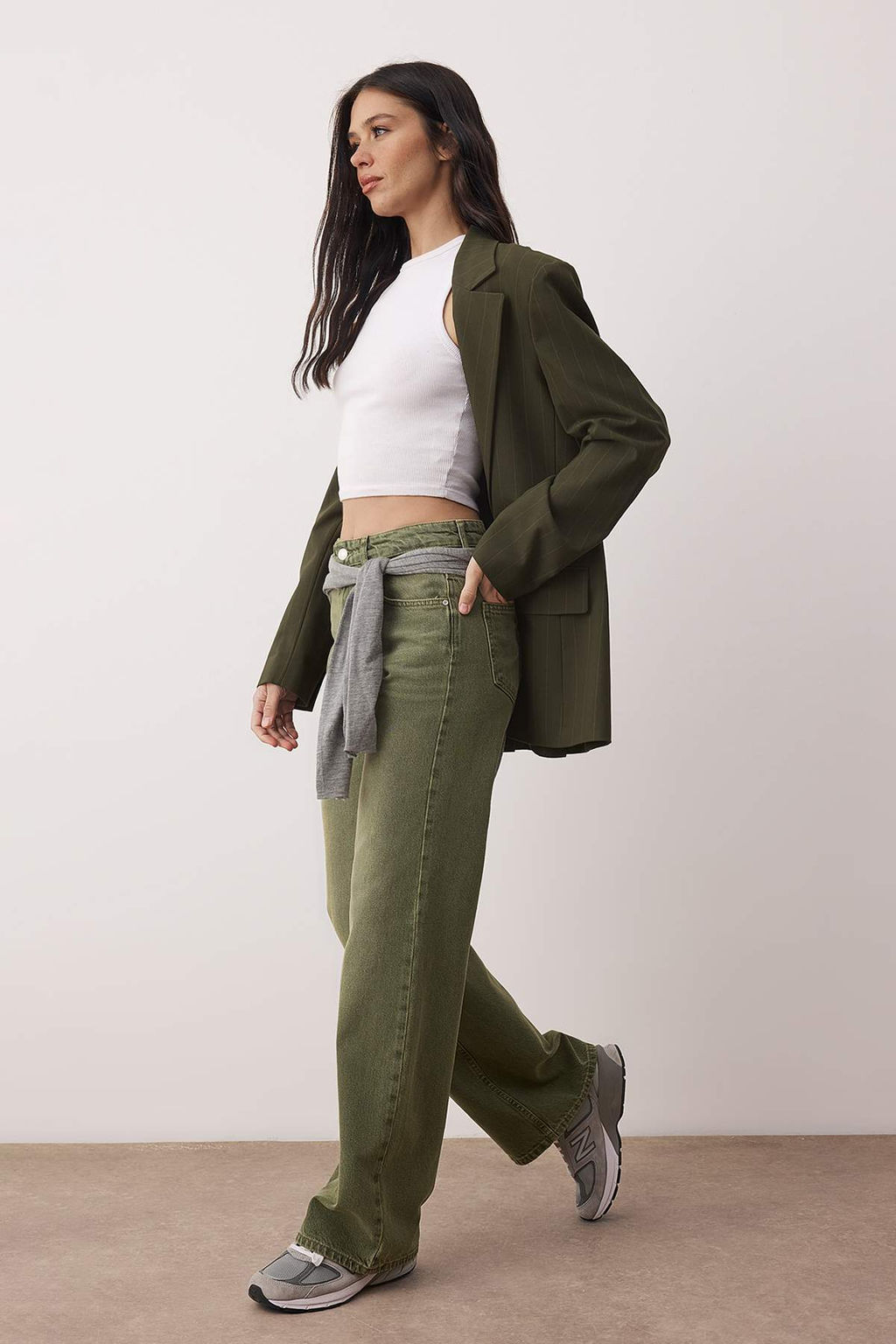 Ac?k Haki Yuksek Bel Vintage Y?kama Wide Leg Jeans TWOAW26JE00110