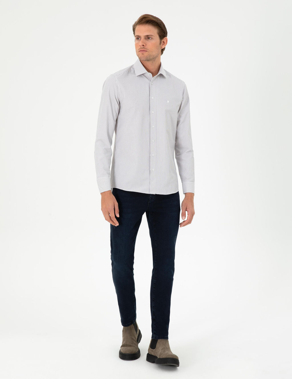 Kahverengi _izgili Slim Fit Uzun Kollu G_mlek