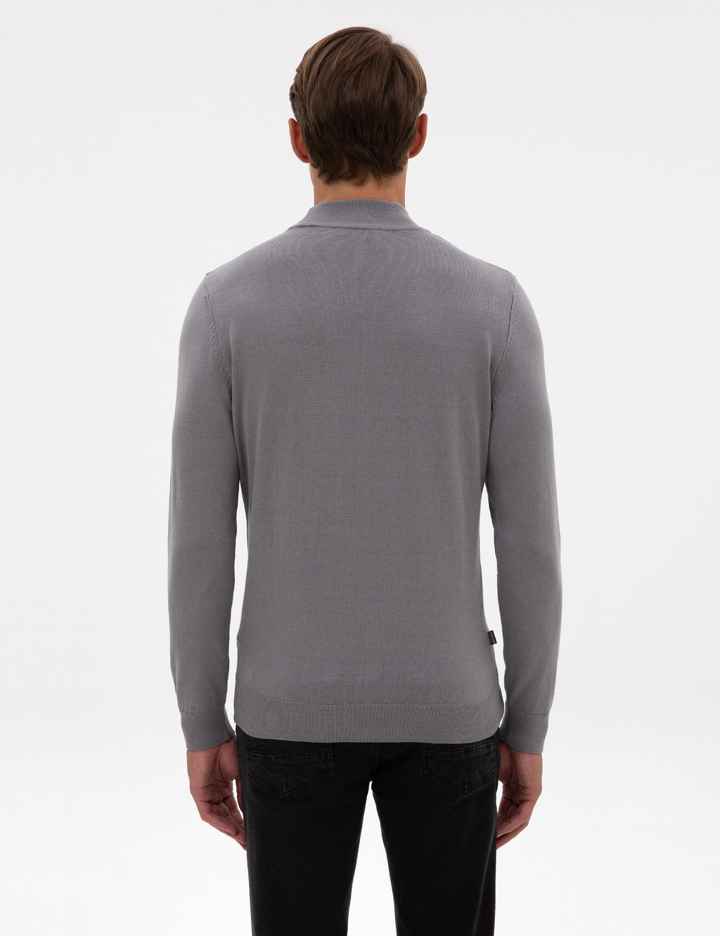 Gri Slim Fit Yar_m Bal_k__ Yaka Triko Kazak