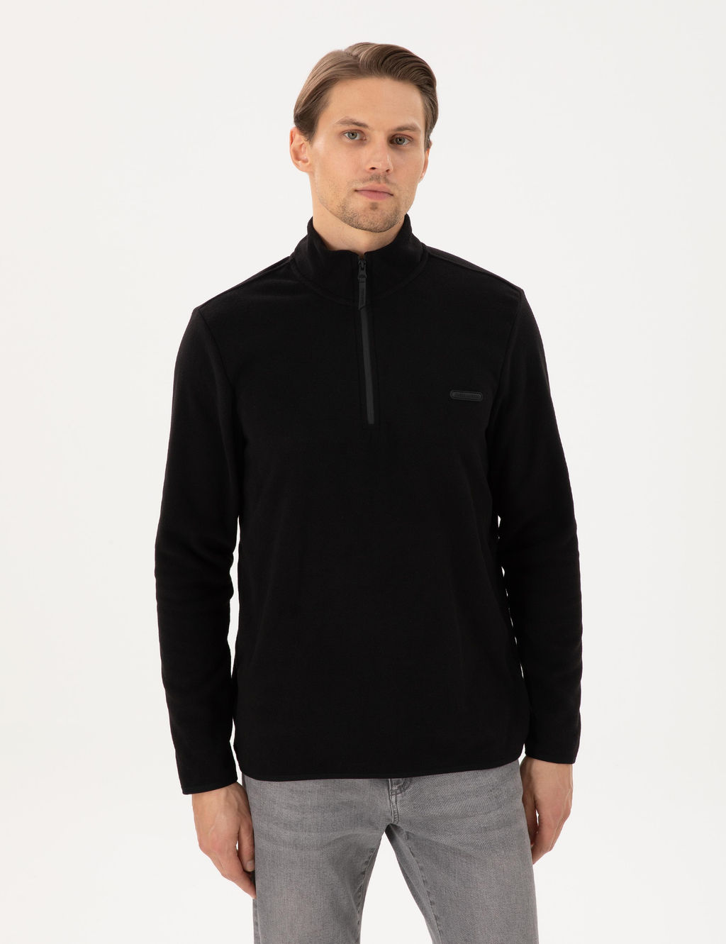 Siyah Regular Fit Yar_m Fermuarl_ Polar Sweatshirt