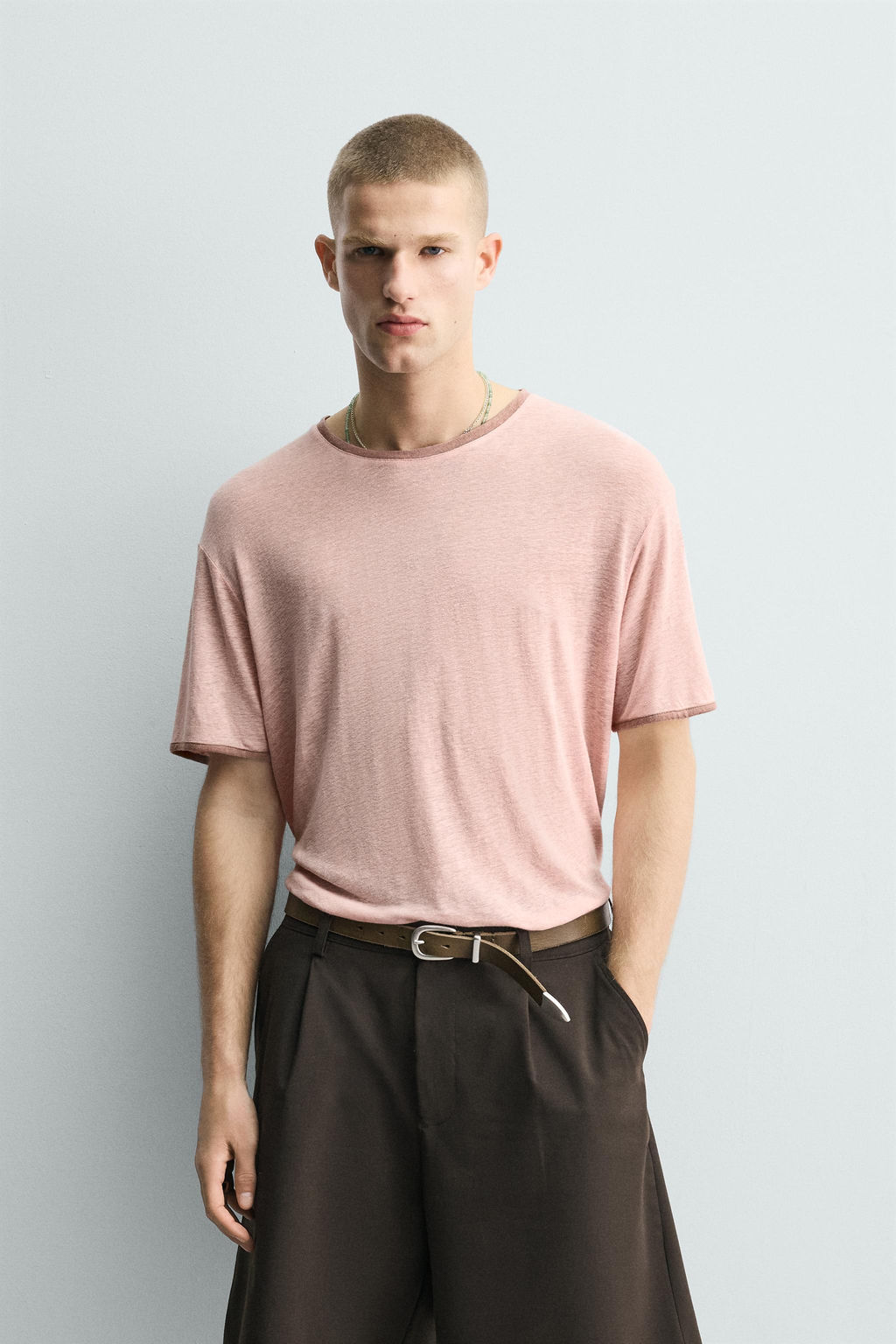 CAMISETA VISCOSA - LINO CONTRASTE / Rosa claro