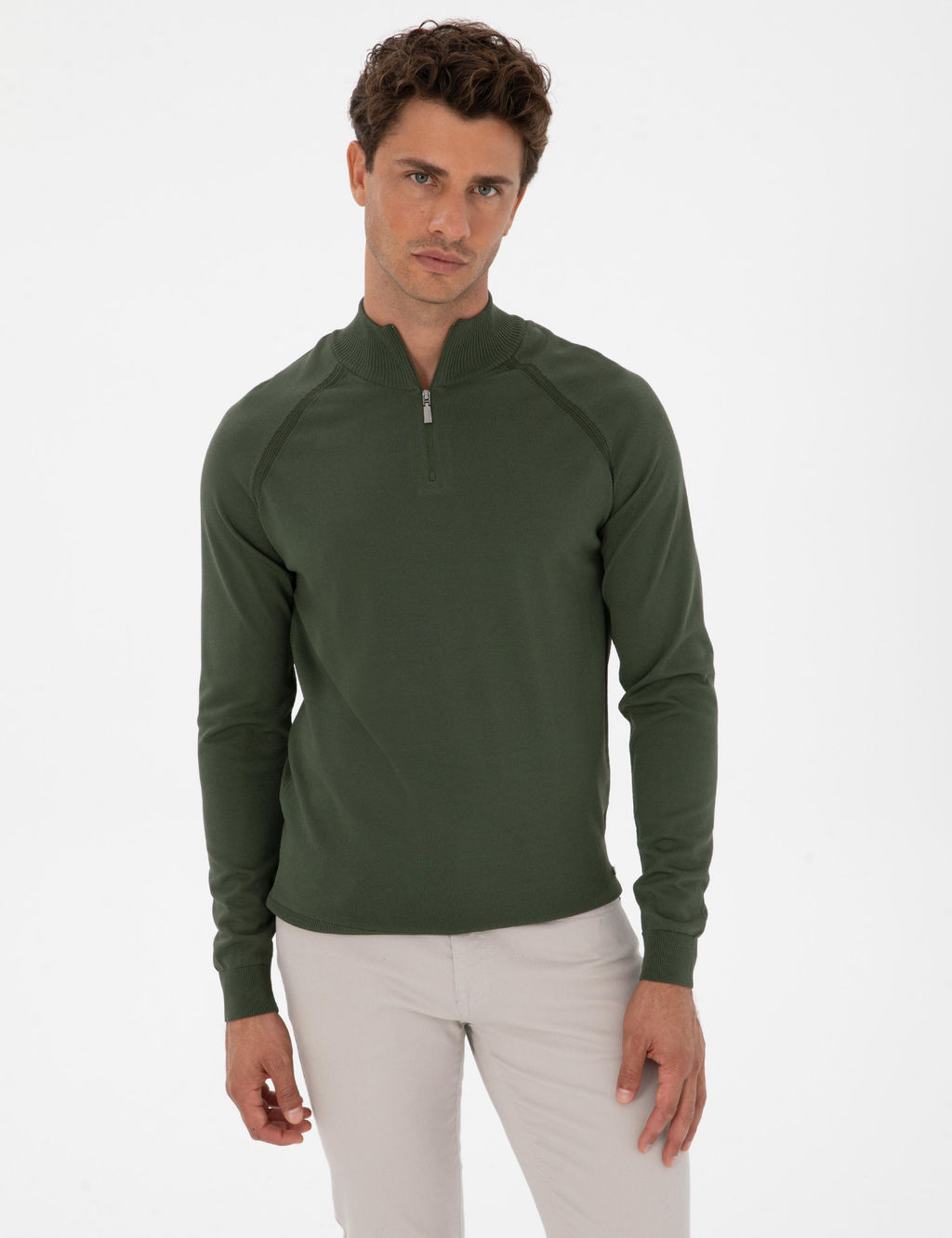 Koyu Haki Slim Fit Dik Yaka Fermuarl_ Triko Kazak