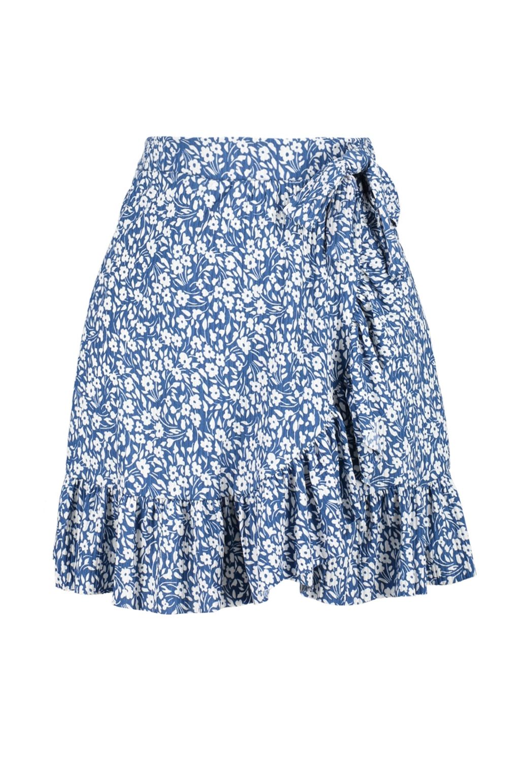 Indigo Bask?l? Volanl? Yuksek Bel Mini Esnek Orme Etek TWOSS21ET0010