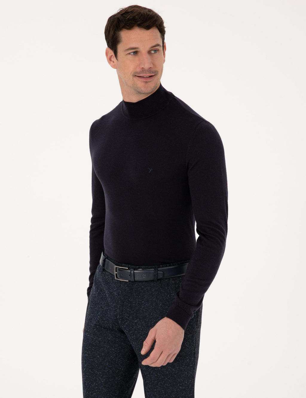 Lacivert Slim Fit Pamuk Kar___ml_ Yar_m Bal_k__ Yaka Basic Triko Kazak