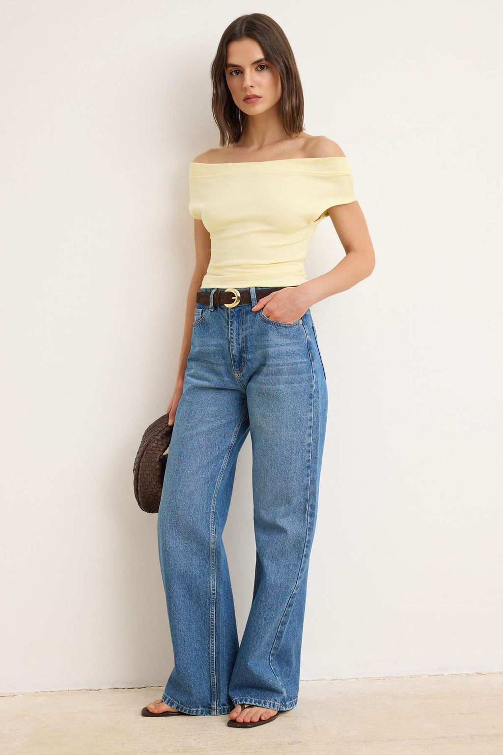 Sar? Fitted/Vucuda Oturan Carmen Yaka Kolsuz Esnek Orme Bluz TWOSS26BZ00788 - Trendyolmilla фото 2
