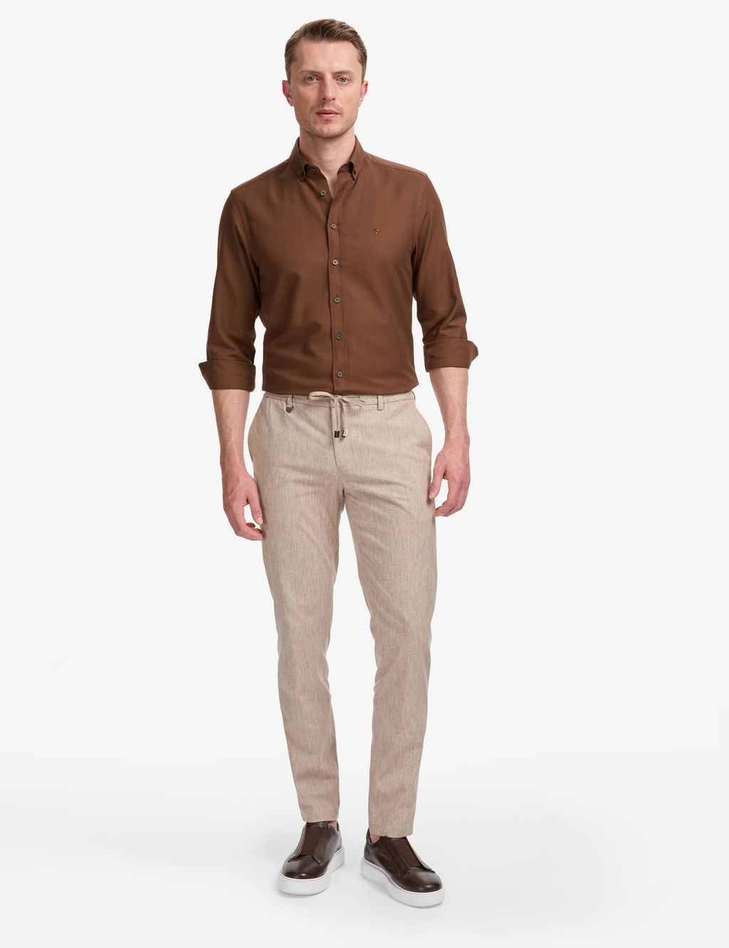 A__k Kahverengi Ex. Slim Fit Beli Kordonlu Pamuk Keten Kar___ml_ Pantolon