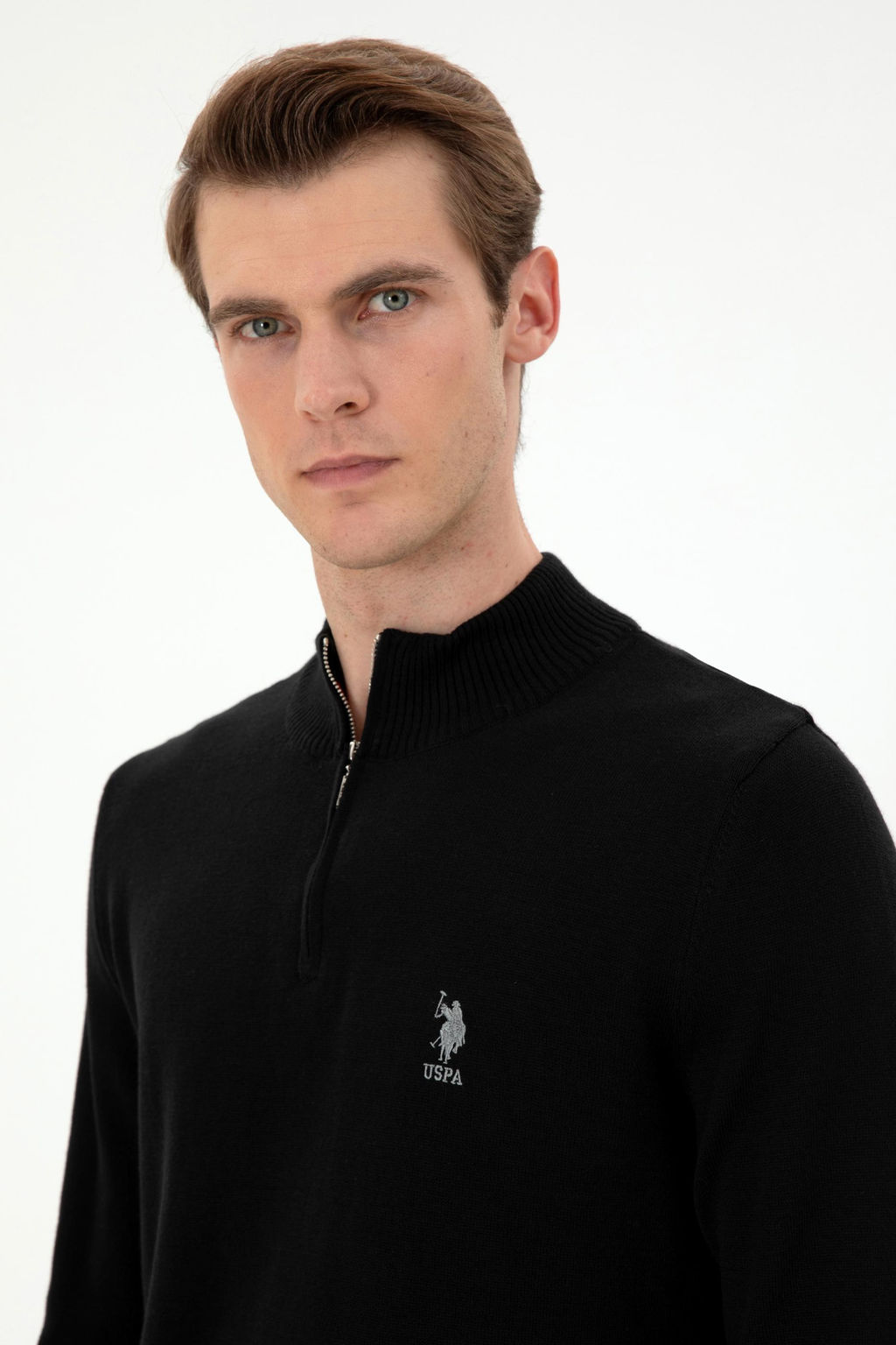 Erkek Slim Fit Yar_m Fermuarl_ Siyah Kazak