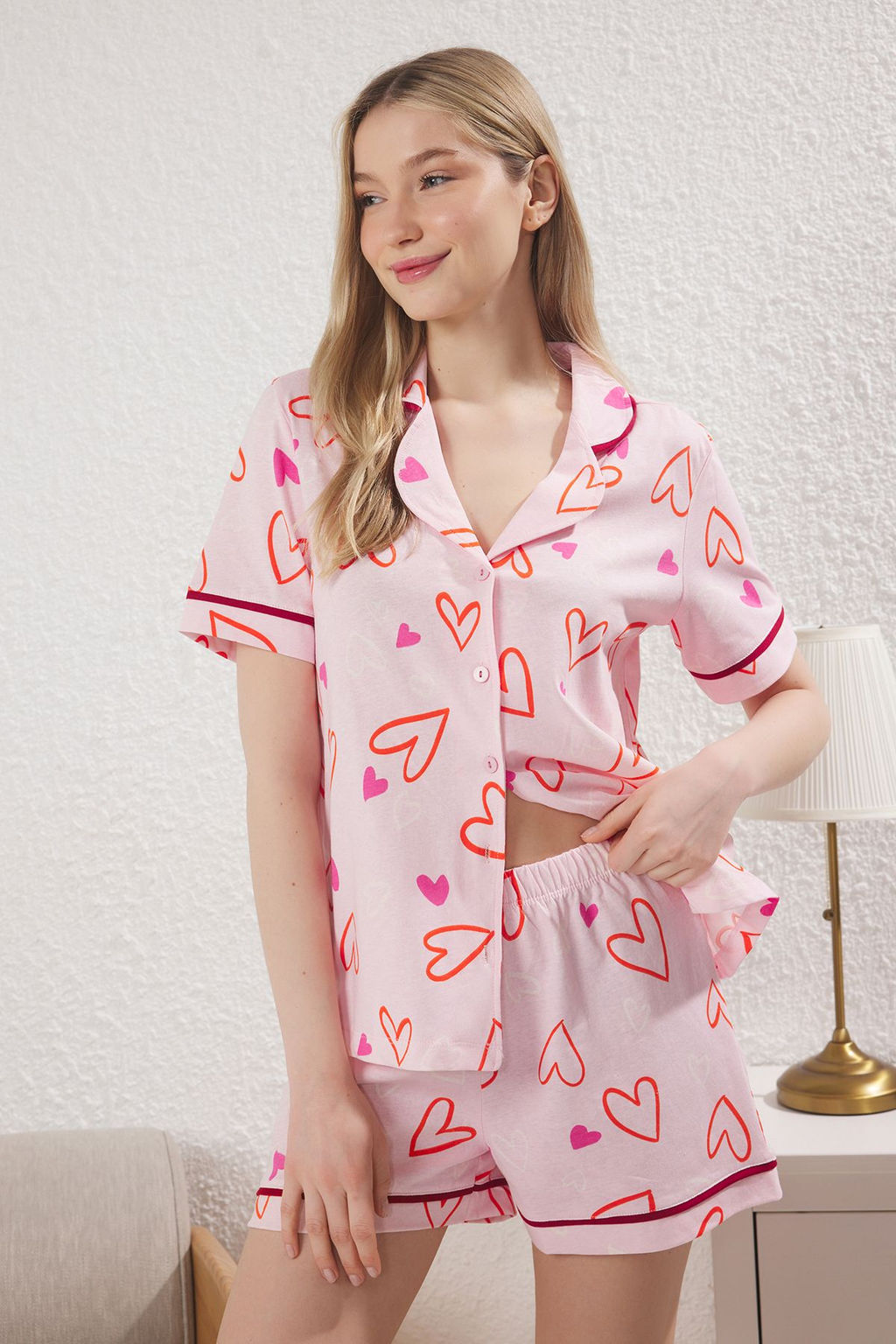 Trendyolmilla Pembe %100 Pamuklu Kalpli Biyeli Sortlu Orme Pijama Tak?m? THMSS25PT00344  фото 2