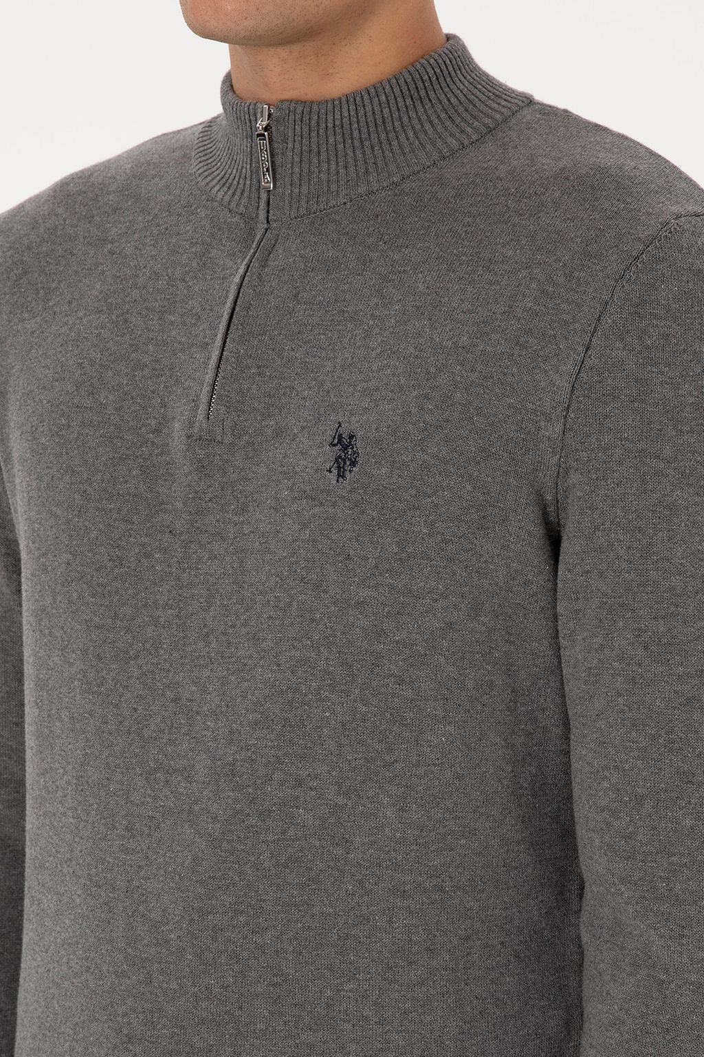 Erkek Slim Fit Yar_m Fermuarl_ Gri Melanj Basic Kazak - U.s. polo assn фото 7
