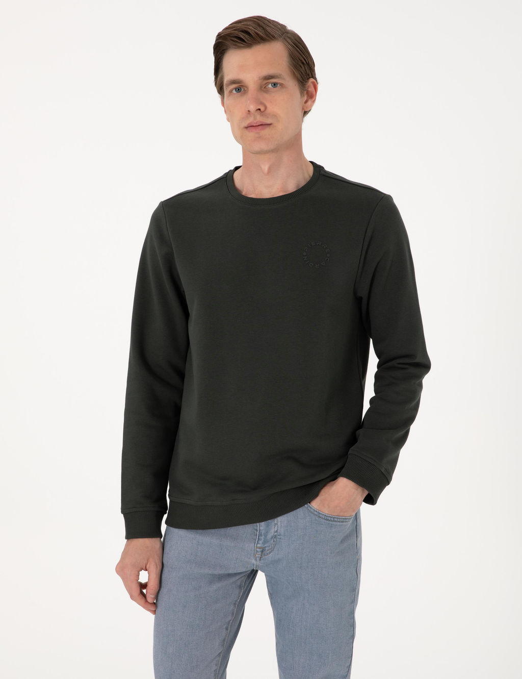Koyu Ye_il 3 _plik Regular Fit Bisiklet Yaka Basic Sweatshirt