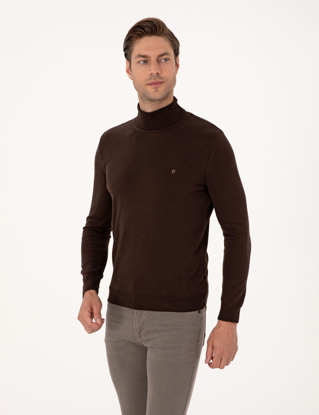 Koyu Kahverengi Slim Fit Bal_k__ Yaka Basic Triko Kazak
