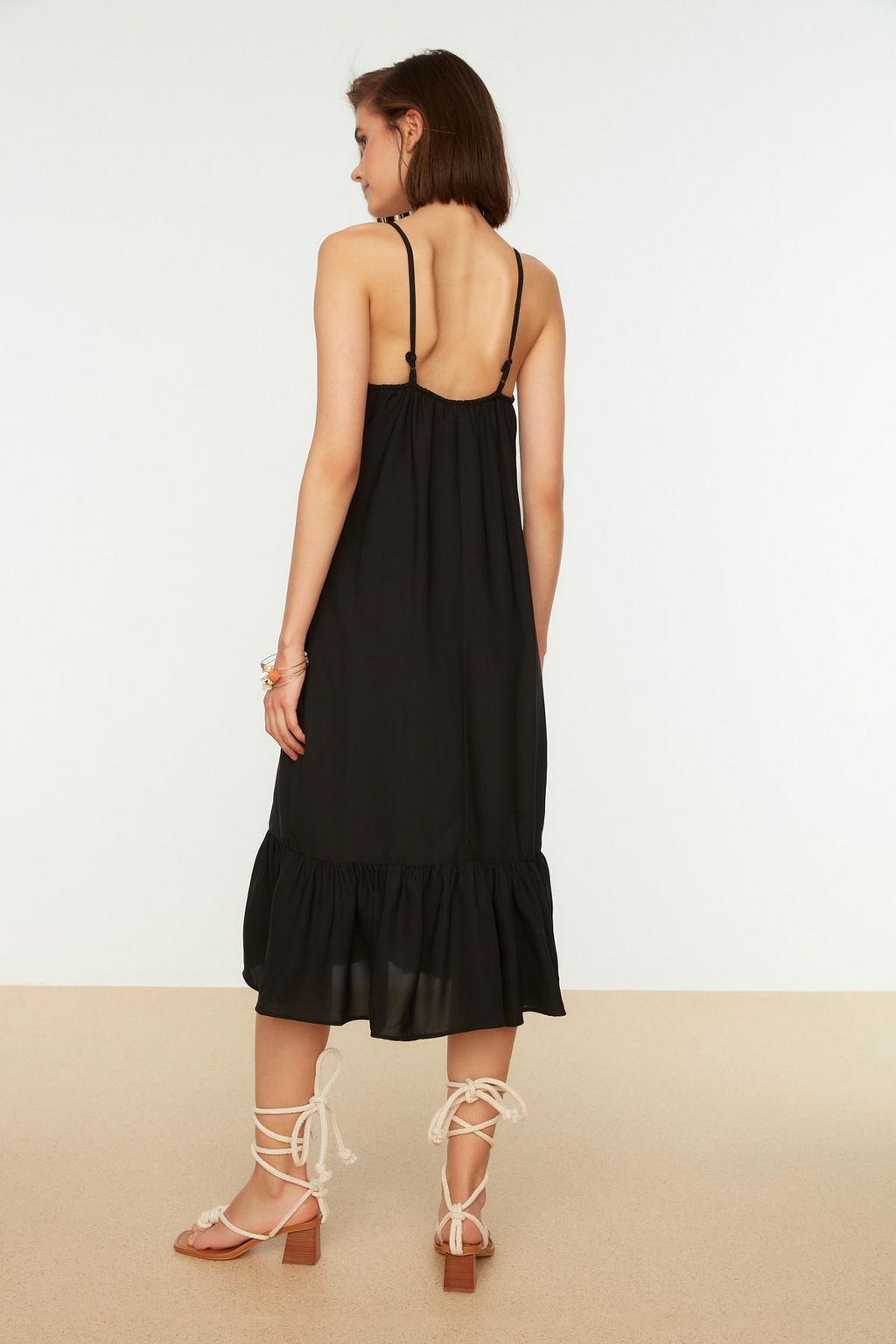 Siyah Ask?l? Dugmeli A Kesim Midi Dokuma Elbise TWOSS21EL1990 - Trendyolmilla фото 6