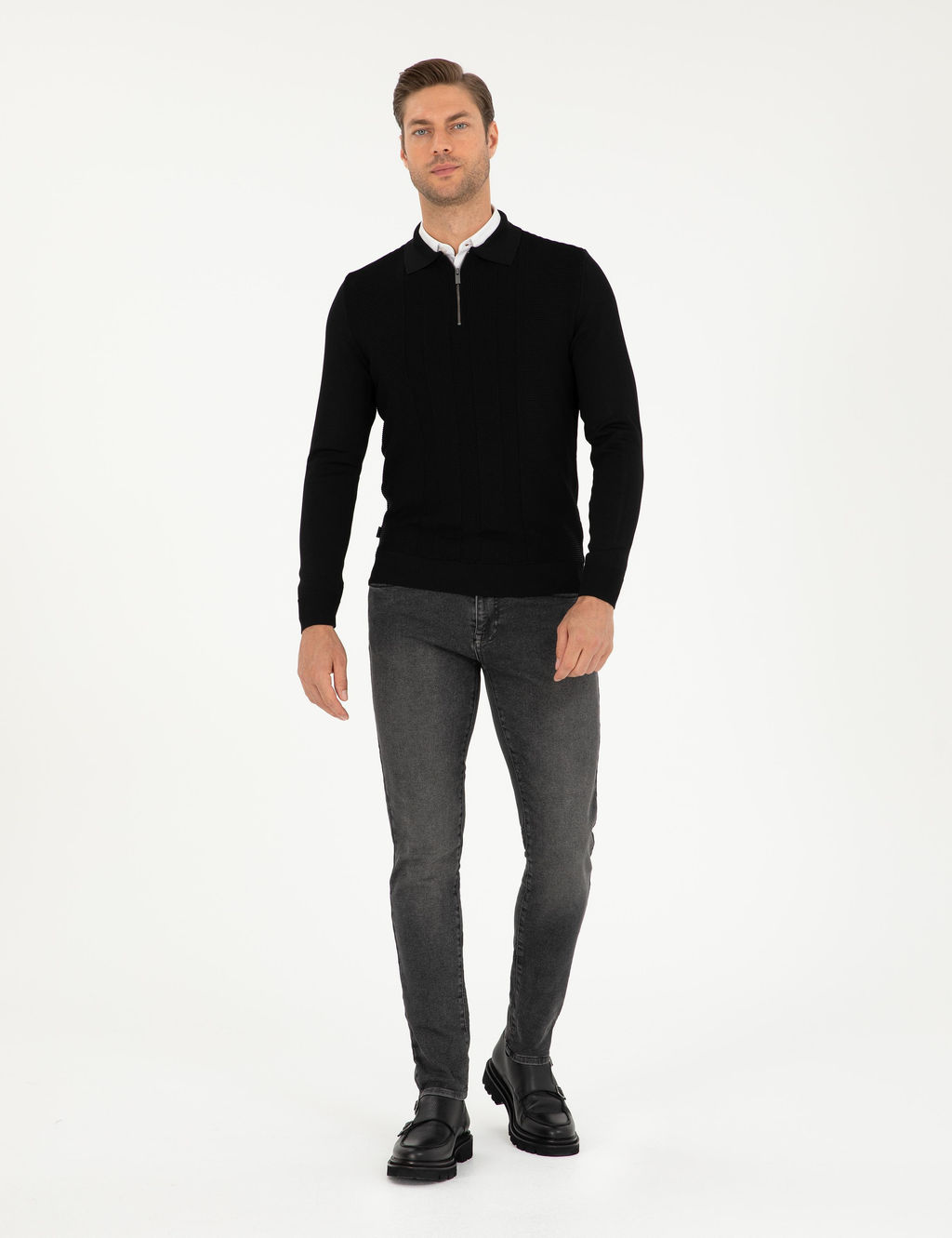 Siyah Regular Fit Fermuarl_ Polo Yaka Triko Kazak - Pierre cardin фото 4