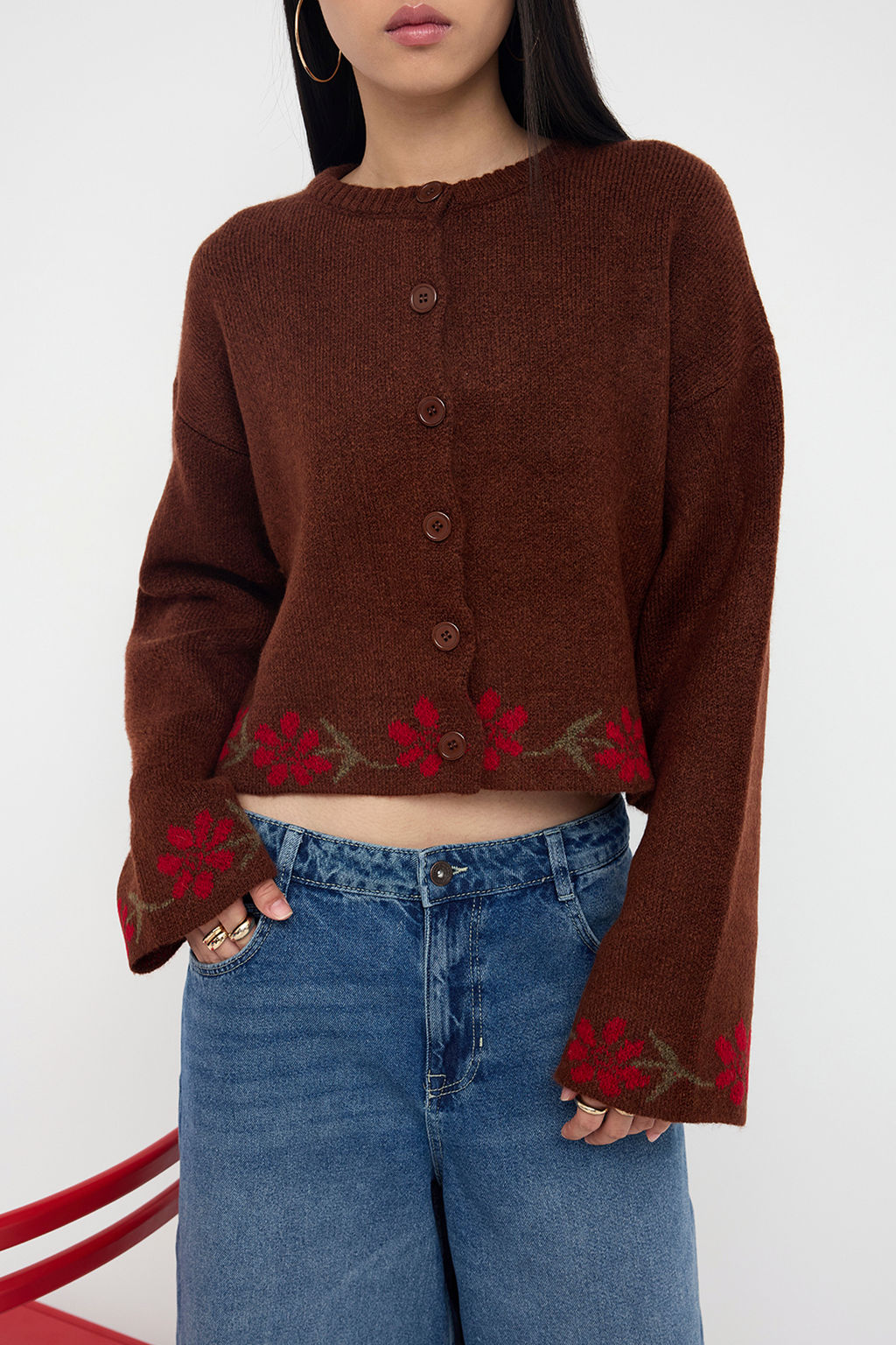 Kahverengi Yumusak Dokulu Cicek Desenli Triko H?rka TWOAW26HI00152 - Trendyolmilla фото 3