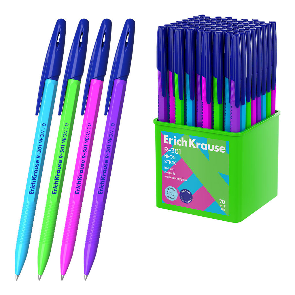 Цена за 70 шт. Ручка шариковая ErichKrause R-301 Stick Neon 1.0, цвет чернил синий (в стакане по 70 шт.)