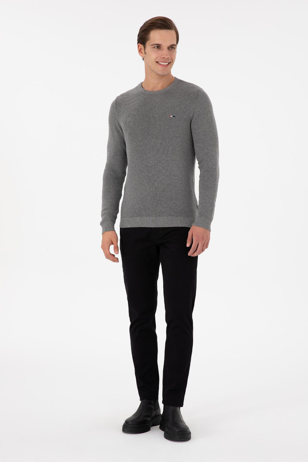 Erkek Slim Fit Bisiklet Yaka Gri Melanj Basic Kazak - U.s. polo assn фото 4