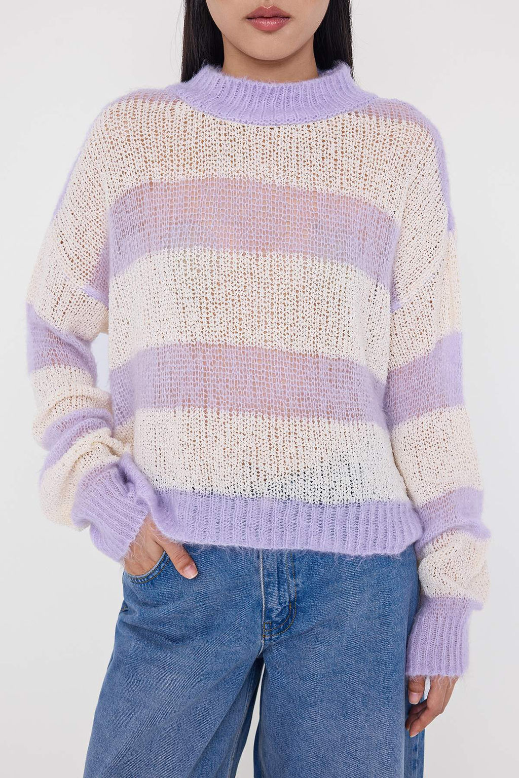 Teen Ekru Oversize/ Genis Kal?p Cizgili Triko Kazak TWOAW26KZ00025 - Trendyolmilla фото 3