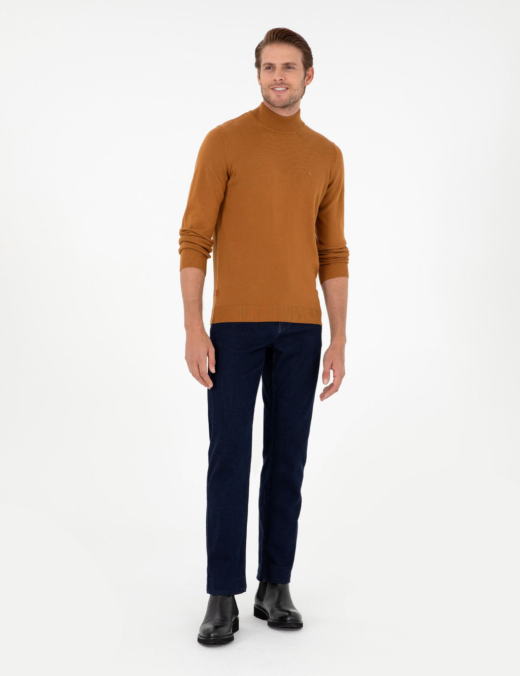 Kahverengi Slim Fit Yar_m Bal_k__ Yaka Basic Triko Kazak
