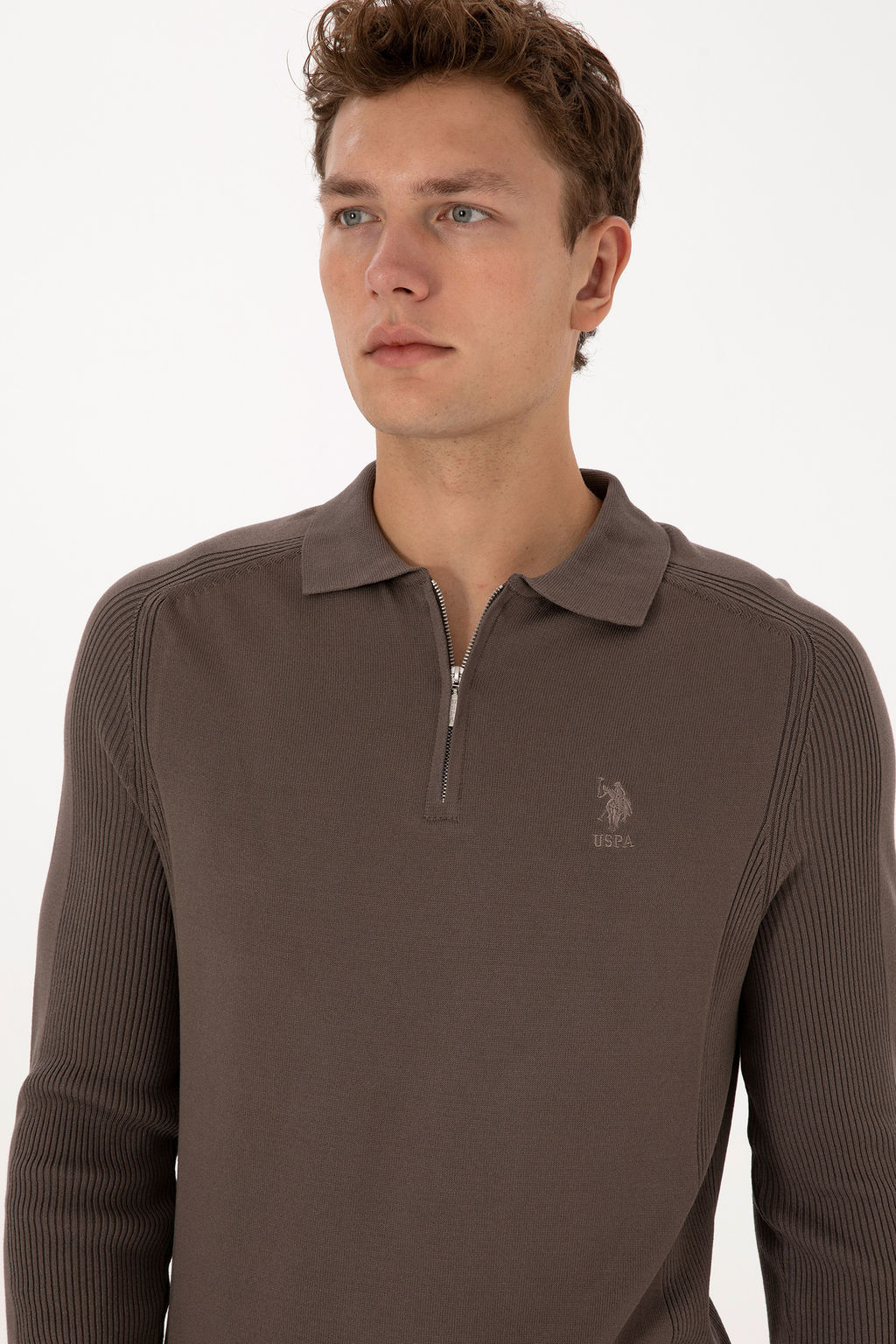 Erkek Slim Fit YarДm FermuarlД Polo Yaka Vizon Kazak - U.s. polo assn фото 2