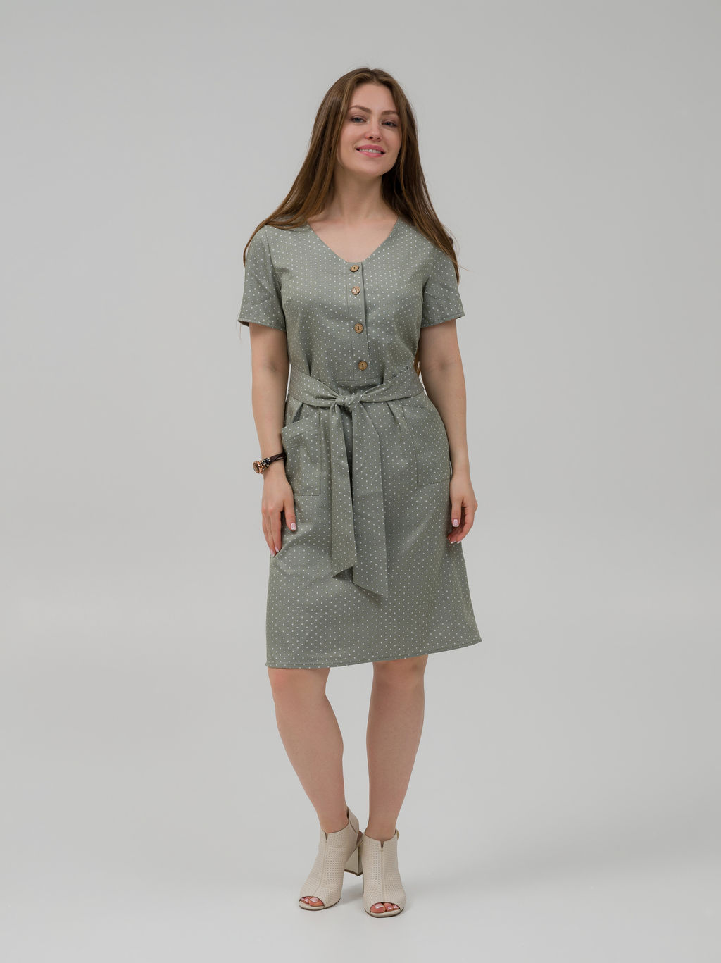 Летнее, хлопковое платье в горошек оливковое
