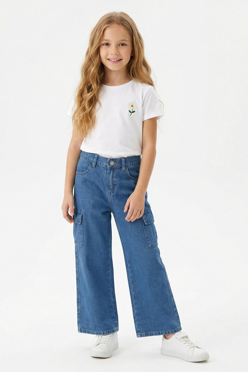 Koyu Mavi K?z Cocuk Wide Leg Kargo Cepli Pamuklu Lastikli Denim Pantolon Jean TKDSS24PL00001 - Trendyolmilla фото 9