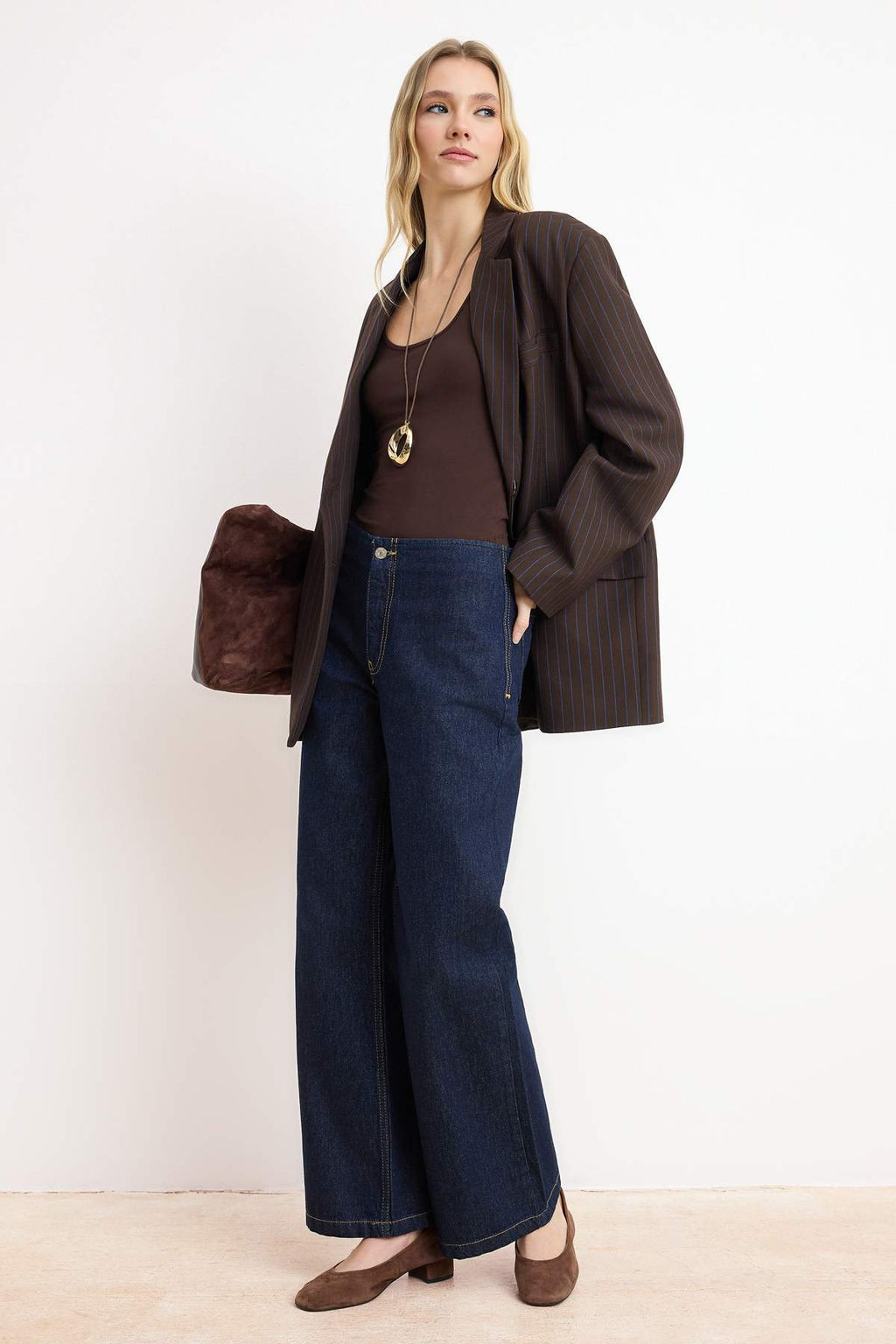 Koyu Mavi D_K_ML_ Kemer Detayl_ Normal Bel %100 Pamuk Wide Leg Jeans TWOSS26JE00020 - Trendyolmilla фото 3