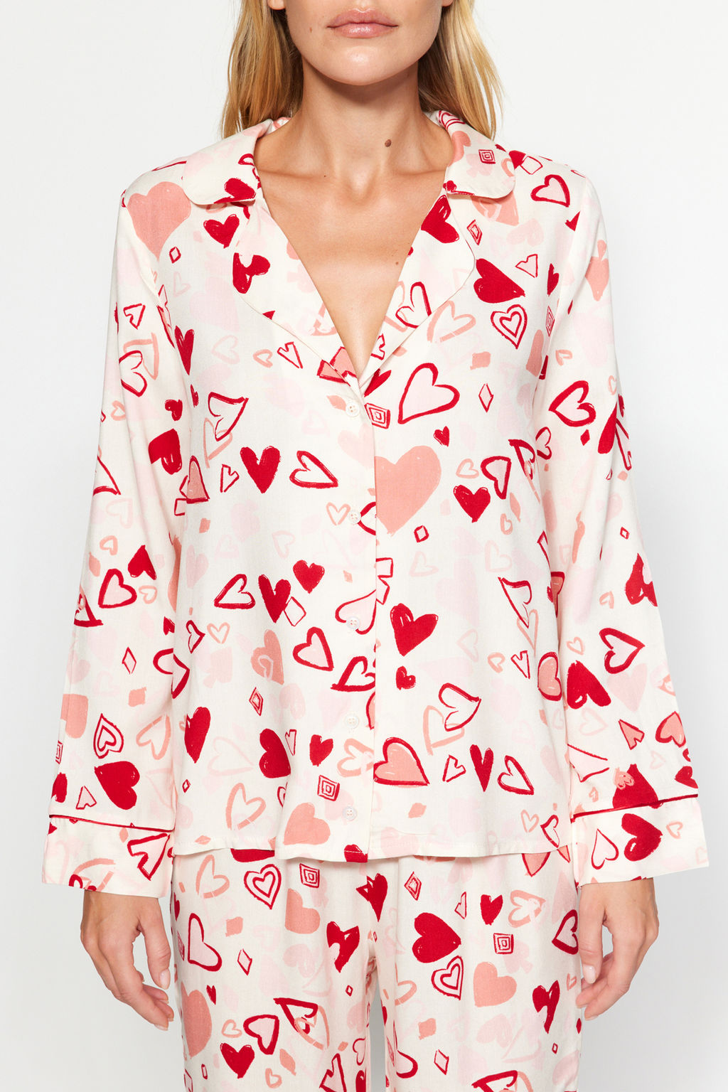 Kad?n Mini Me/Anne K?z Cok Renkli Kalpli Biyeli Viskon Dokuma Pijama Tak?m? THMAW24PT00091 - Trendyolmilla фото 5