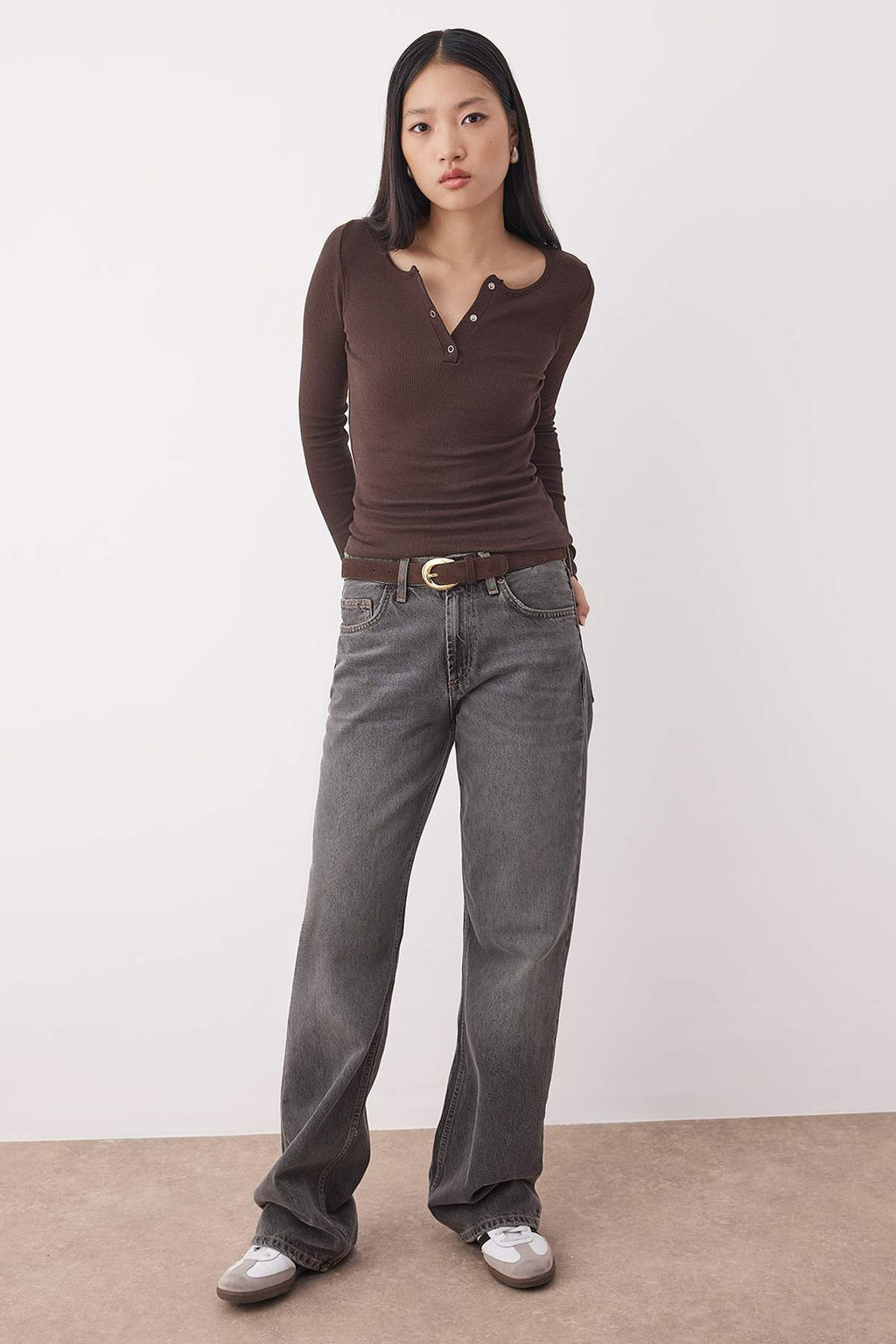 Ac?k Kahverengi C?tc?tl? Fitted/Vucuda Oturan Fitilli Esnek Orme Bluz TWOAW25BZ00080