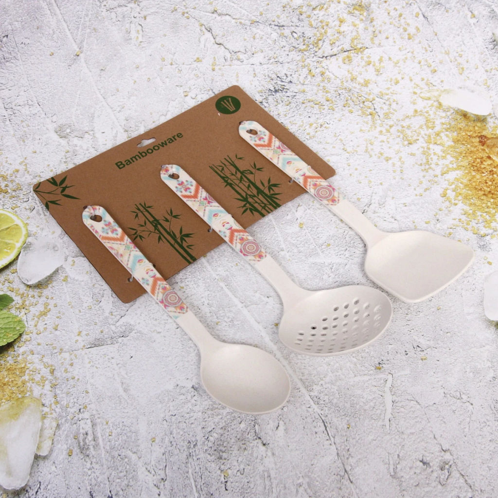 Набор кухонных принадлежностей 3шт бамбуковых "Eco Life" (Ложка, Шумовка, Лопатка), орнамент