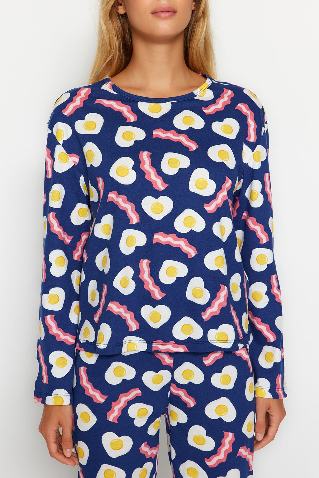 Lacivert %100 Pamuklu Kahvalt? Desenli Tshirt-Pantolon Orme Pijama Tak?m? THMAW24PT00102