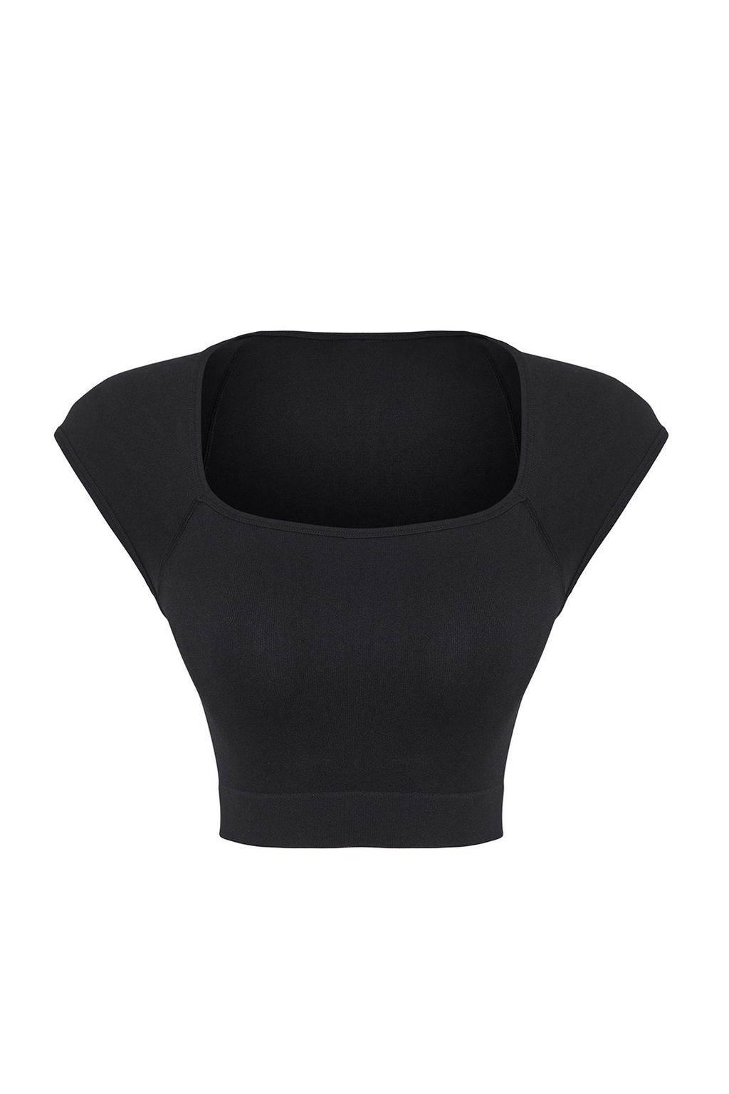 Siyah Seamless/Dikissiz Kare Yaka Crop Orme Spor Ust/Bluz THMSS25BZ00000