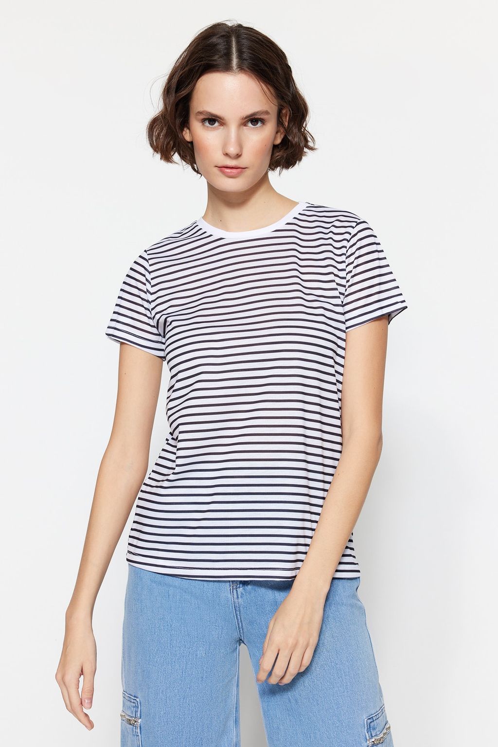 TRENDYOLMILLA Kahverengi-Bej-Haki Cizgili 3lu Paket Basic Bisiklet Yaka Orme T-Shirt TWOSS20TS0146  фото 8