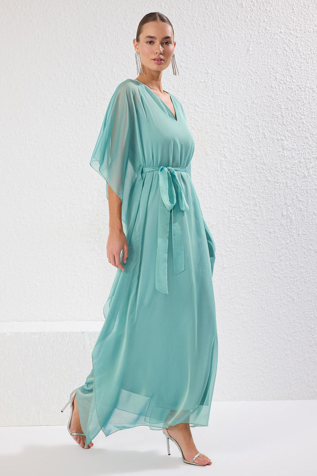 TRENDYOLMILLA Mint V Yaka Sifon Dokuma Maxi S?k Abiye Elbise TPRSS25AE00044  фото 3