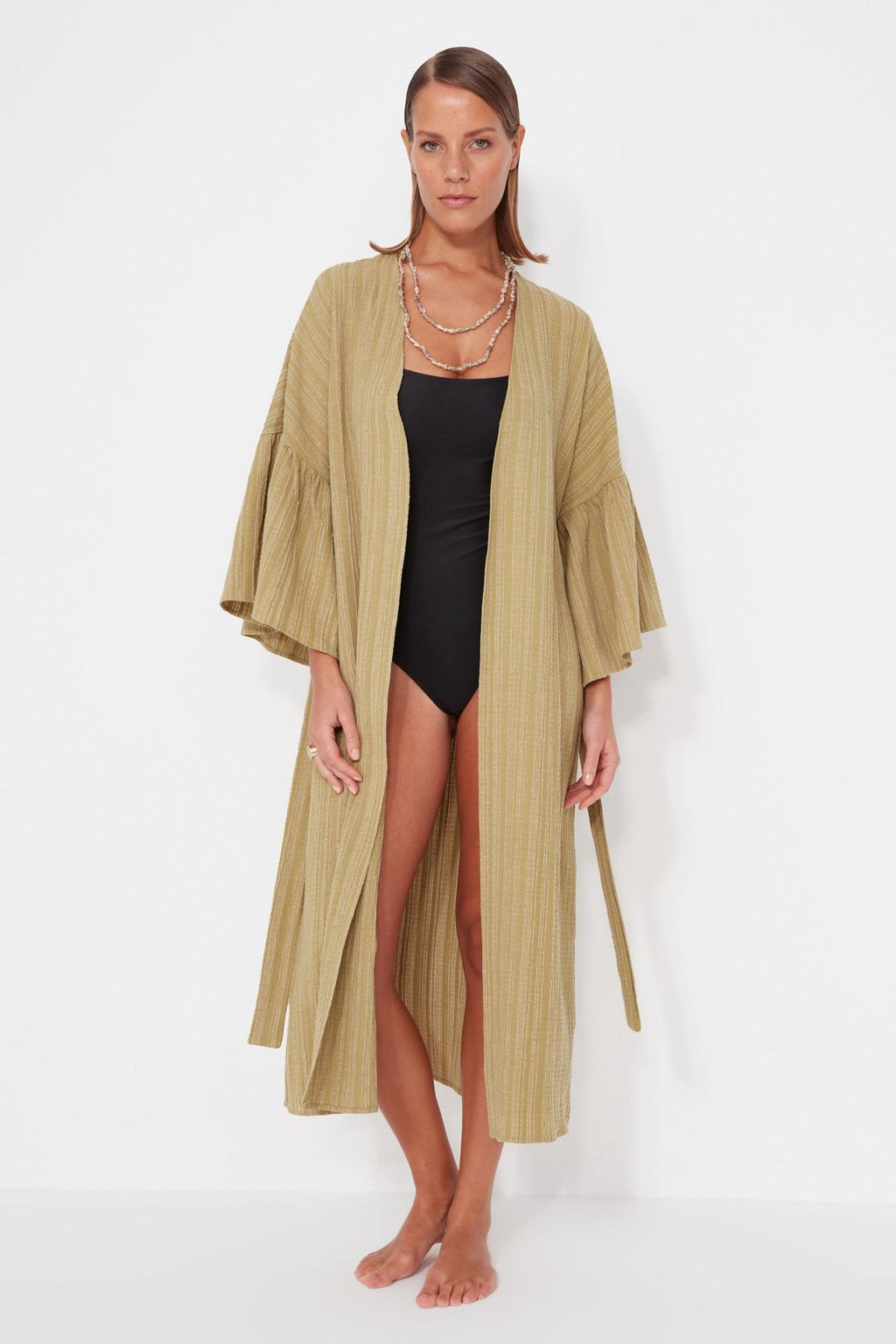Haki Kusakl? Maxi Dokuma Volanl? Keten Kar?s?ml? Plaj Kimono&Kaftan TBESS23KM00028