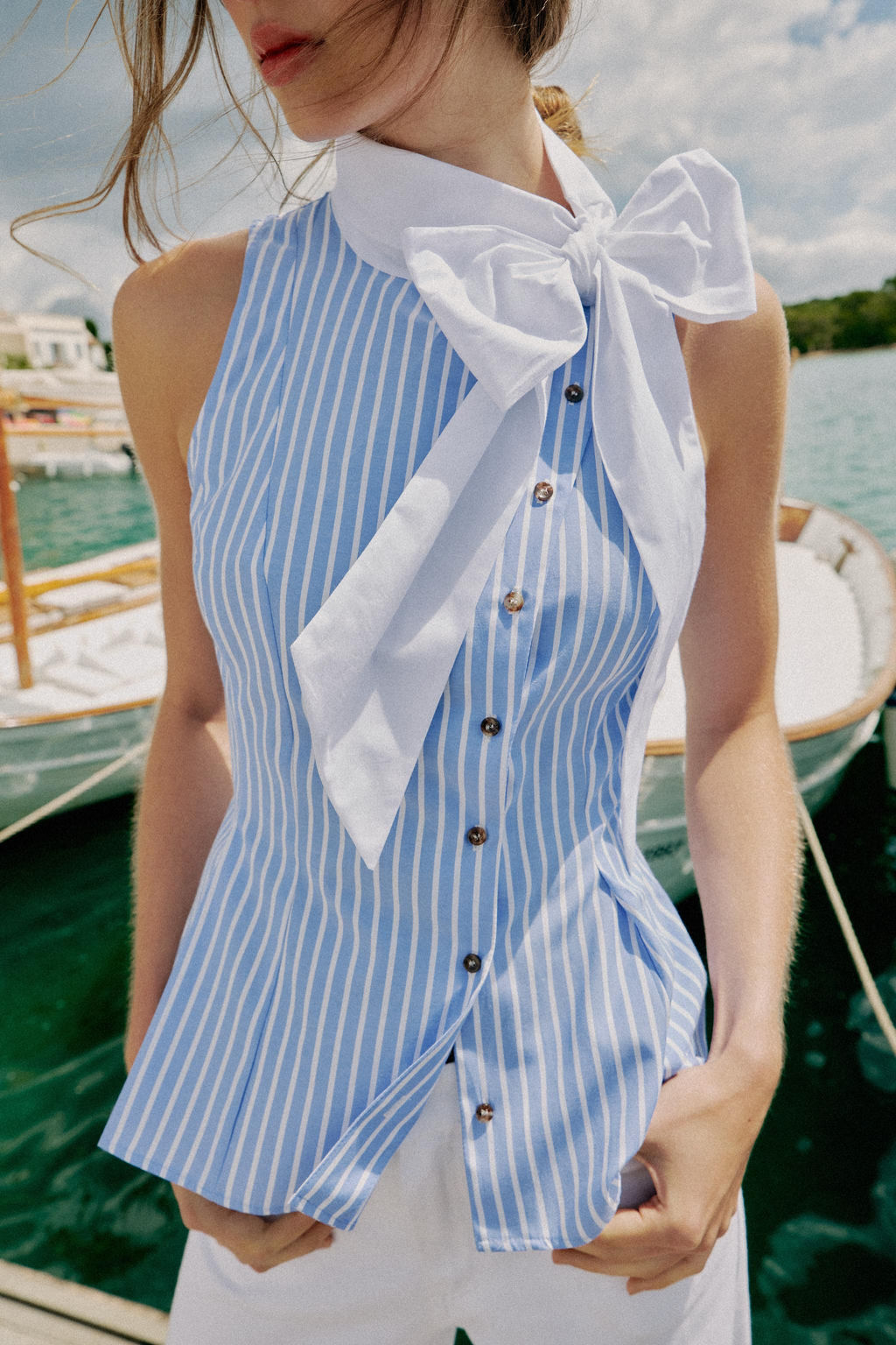CAMISA RAYAS LAZO MANGA SISA / Azul / Blanco