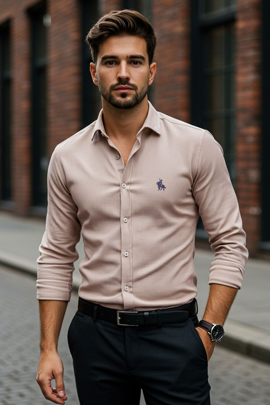 TRENDYOL MAN Mavi Regular Fit Nak?s Detayl? Oxford Kolay Utulenebilir Smart Gomlek TMNAW25GO00036