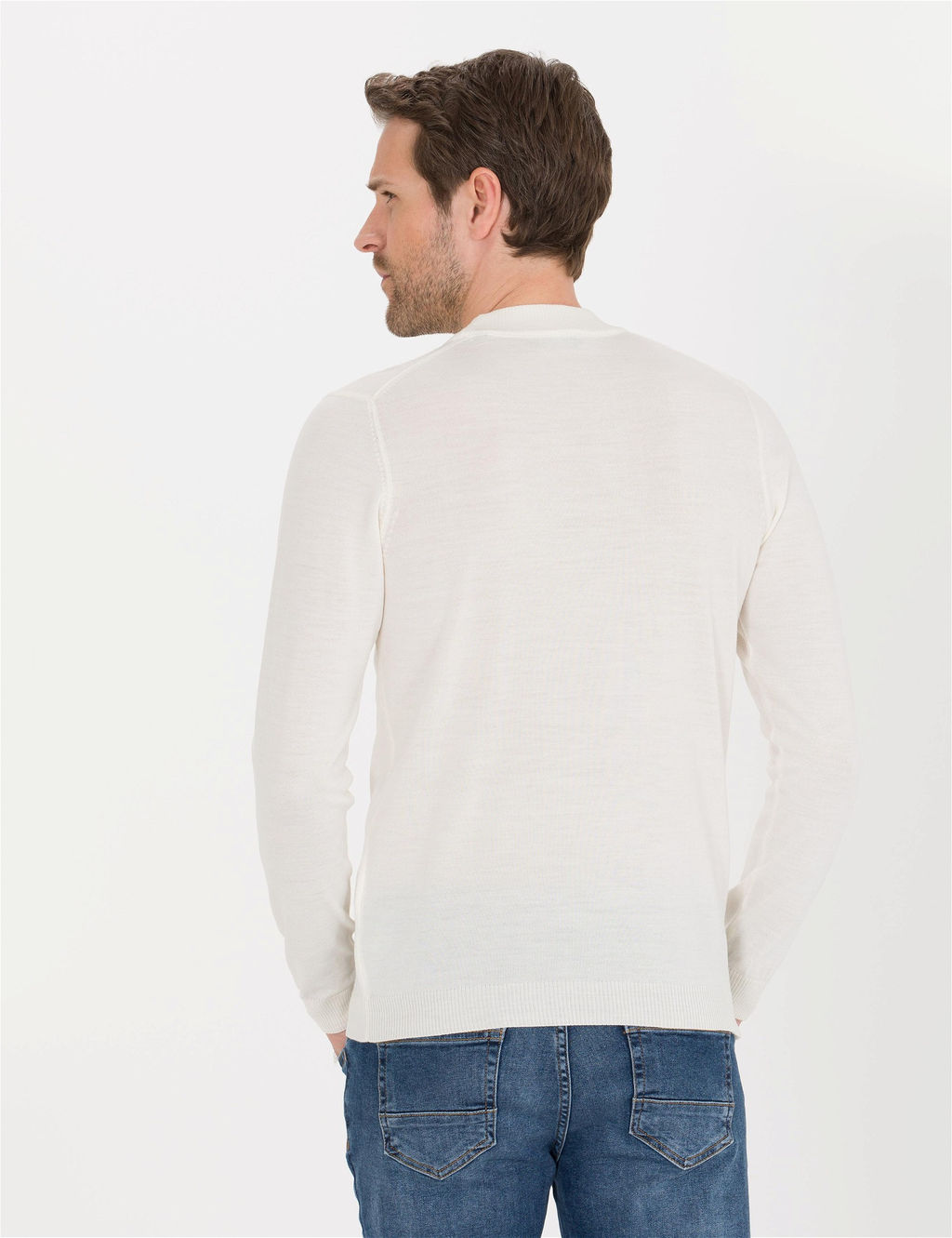 Ekru Slim Fit Bato Yaka Y_n Kar___ml_ Basic Triko Kazak