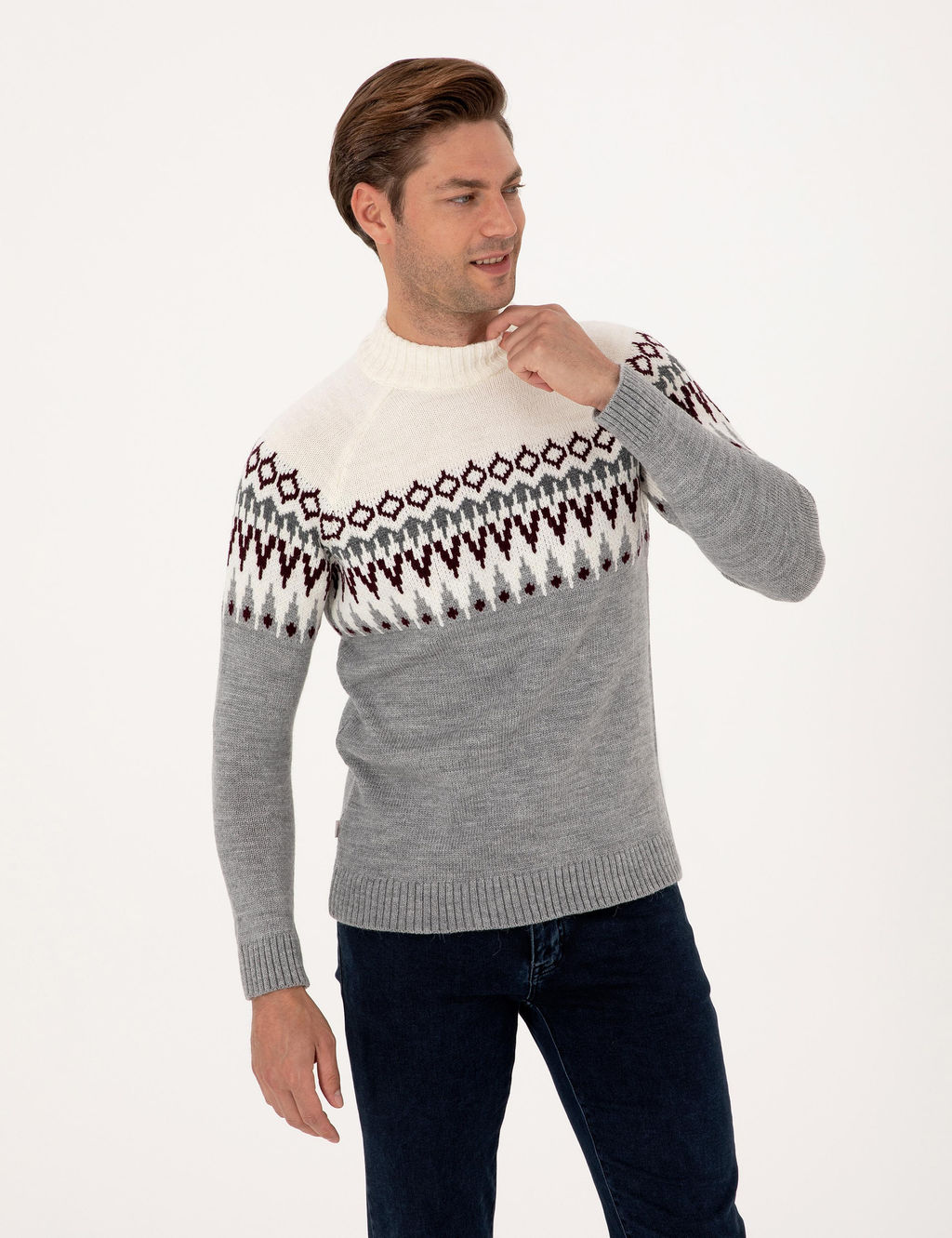 A__k Gri Melanj Slim Fit _eyrek Yaka Triko Kazak - Pierre cardin фото 3